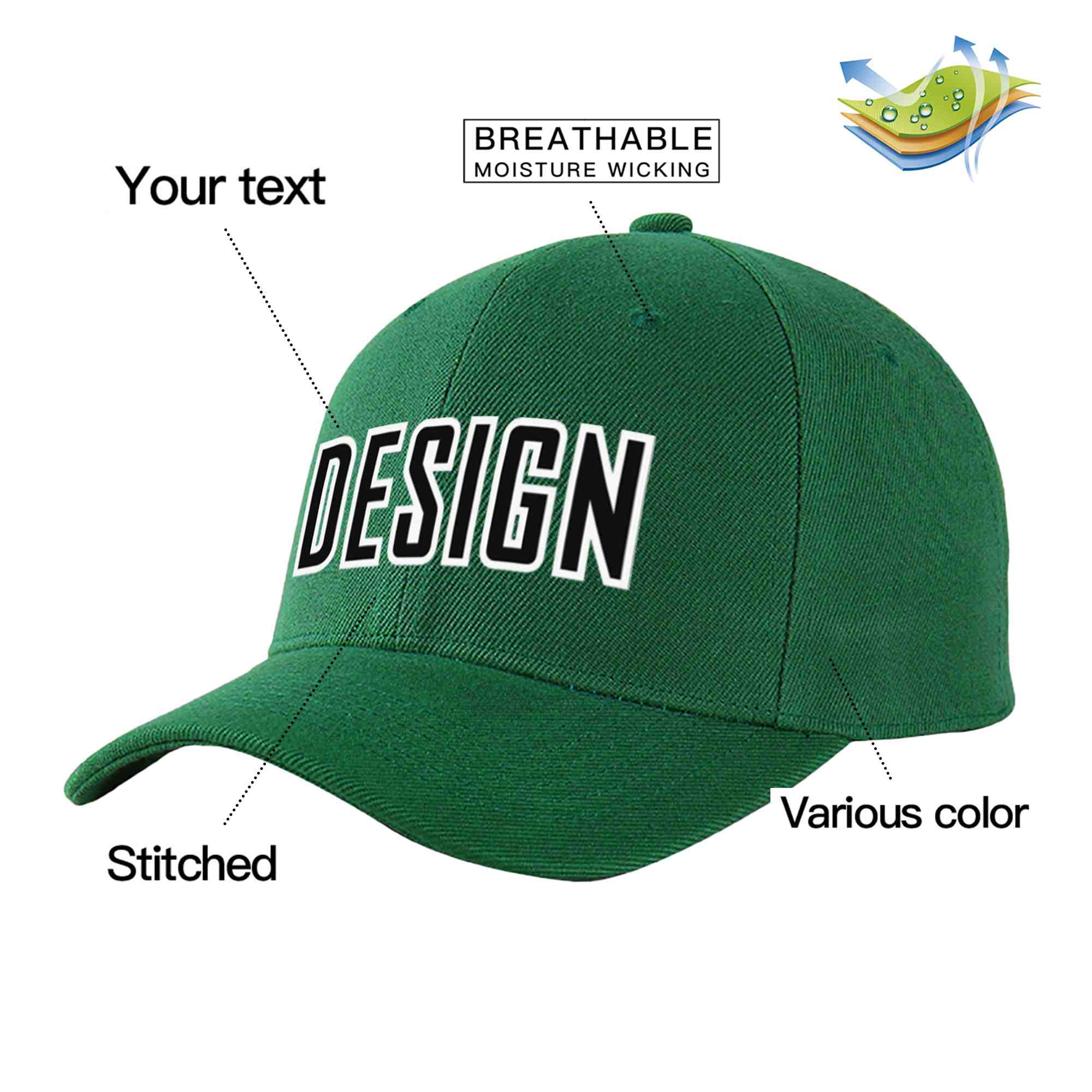 Custom Green Black-White Curved Eaves Sport Design Baseball Cap