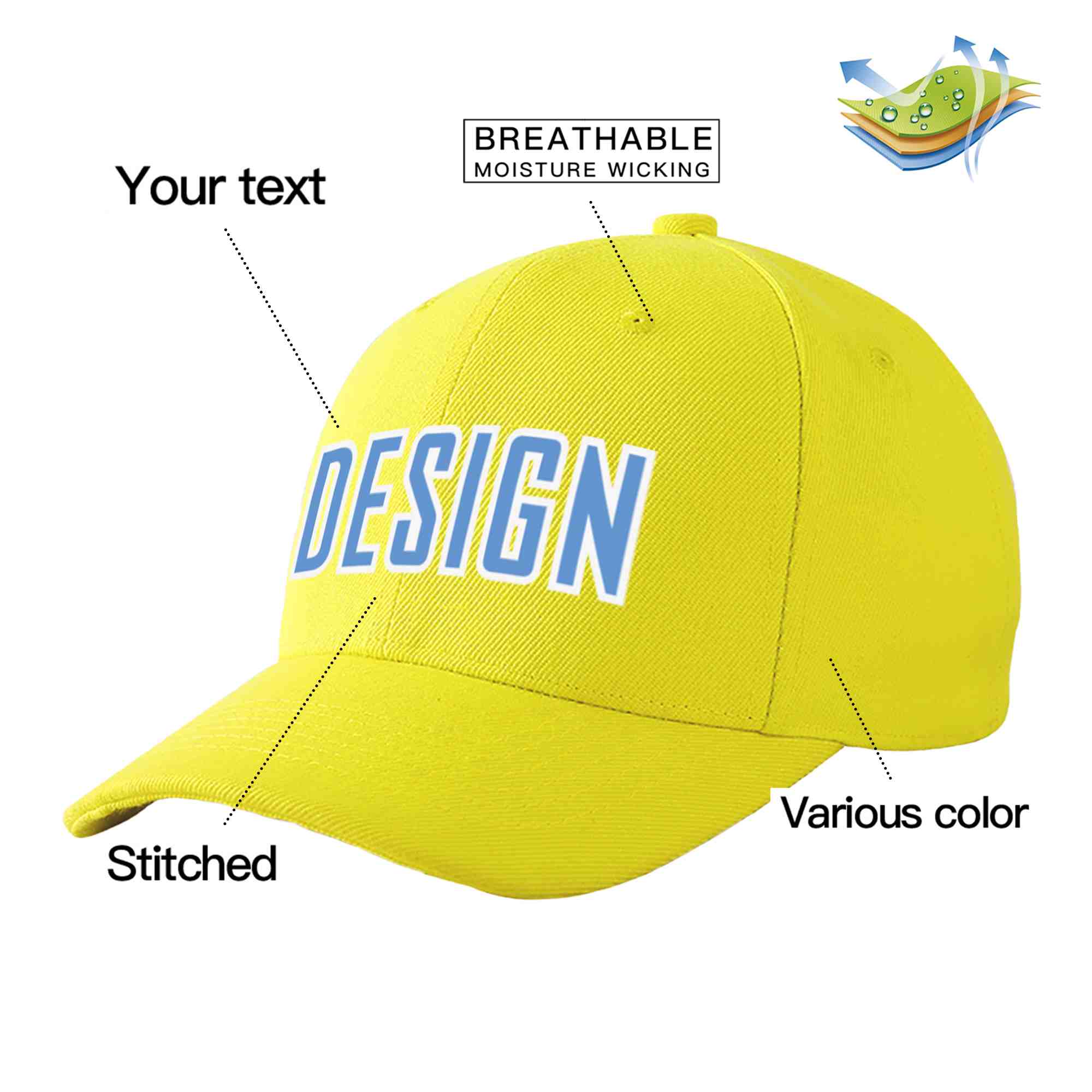 Custom Yellow Light Blue-White Curved Eaves Sport Design Baseball Cap