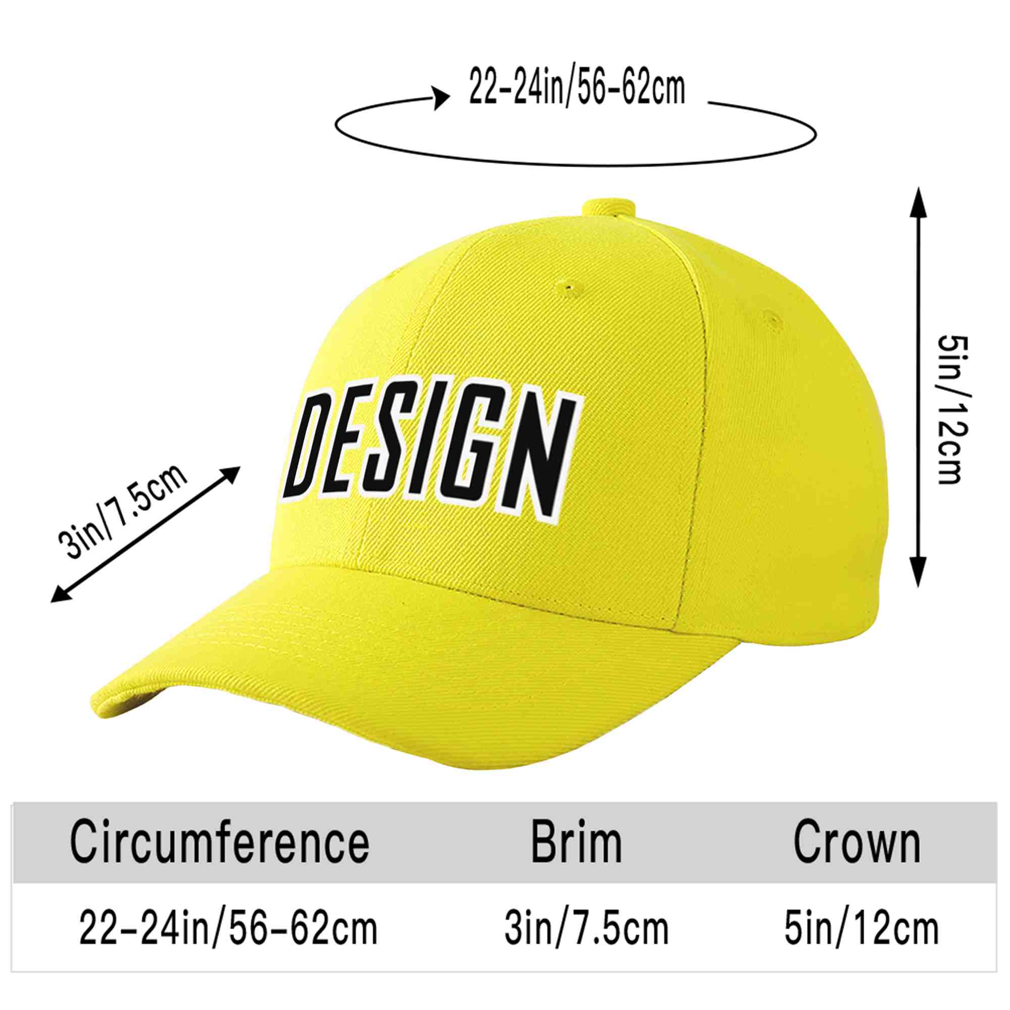 Casquette de baseball incurvée personnalisée jaune noir-blanc avec avant-toit