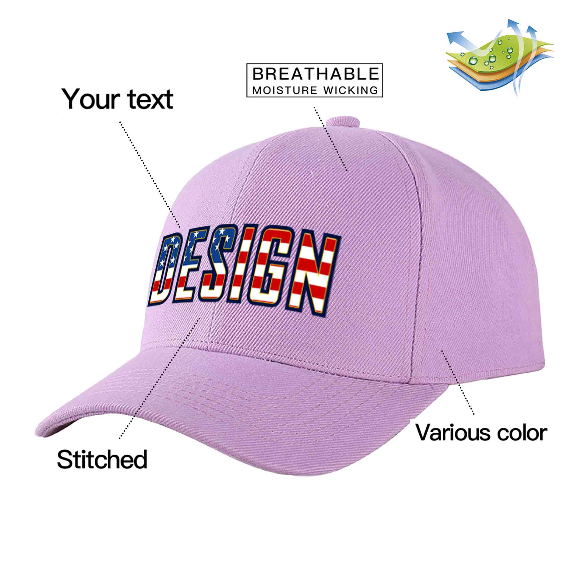 Casquette de baseball personnalisée, violet clair, drapeau américain Vintage, avec avant-toit incurvé doré, Design sportif