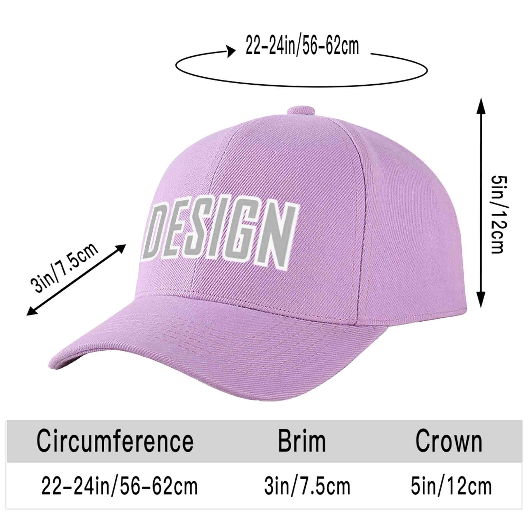 Casquette de baseball personnalisée, violet clair, gris-blanc, courbée, design sportif