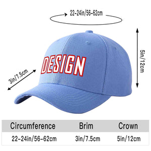 Custom Sky Blue White-Red Curved Eaves Sport Design Baseball Cap