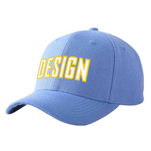 Custom Sky Blue White-Gold Curved Eaves Sport Design Baseball Cap