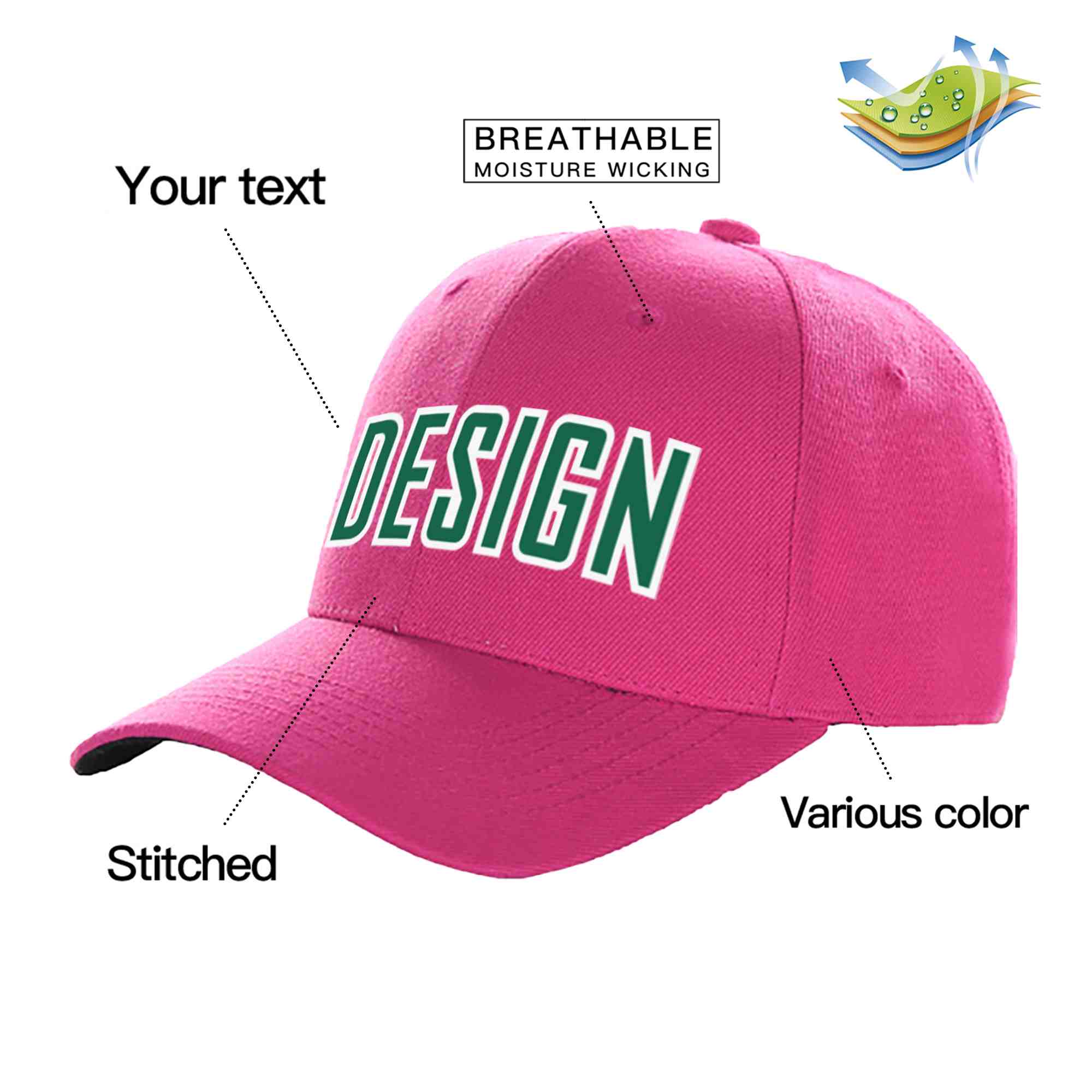 Custom Rose Red Kelly Green-White Curved Eaves Sport Design Baseball Cap