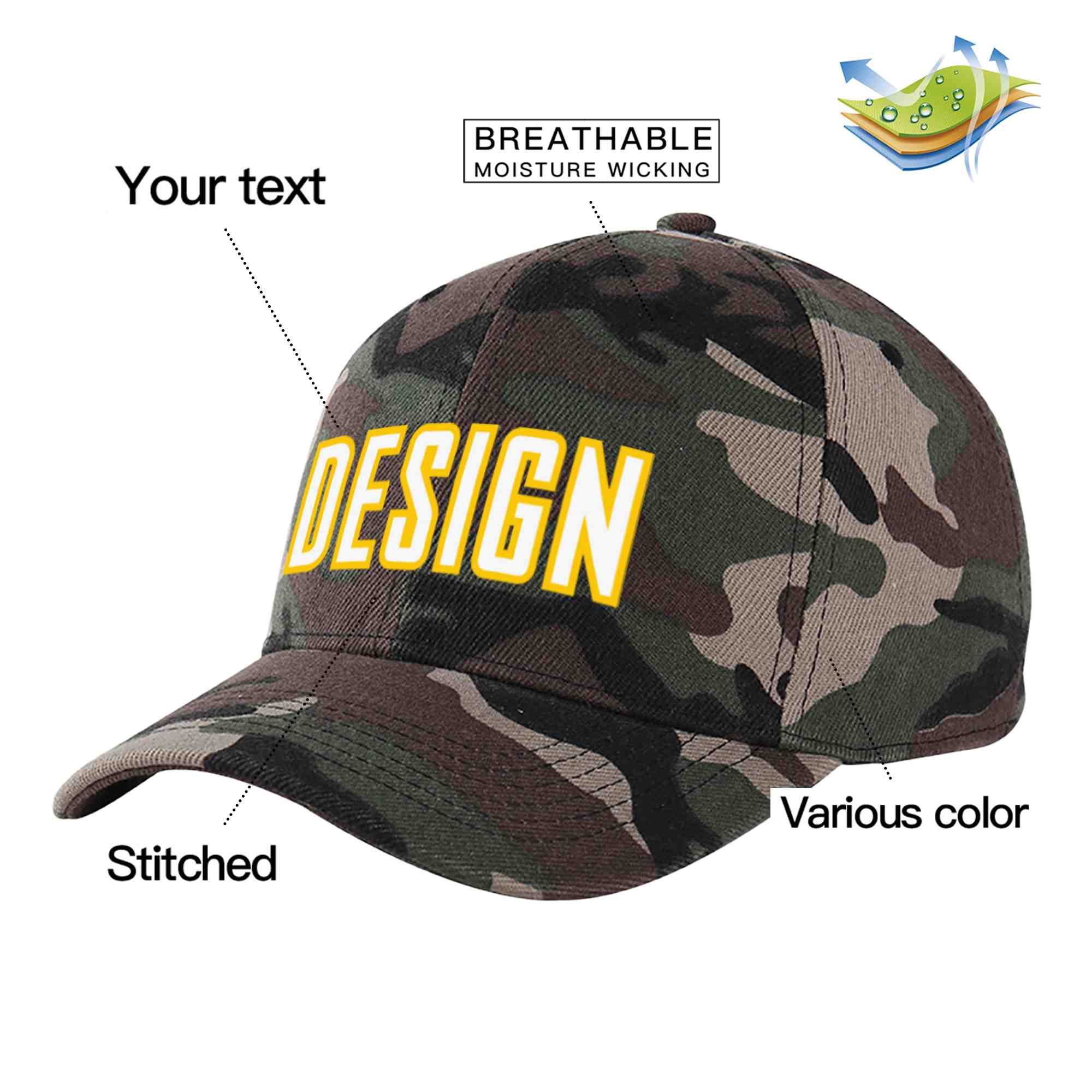 Casquette de baseball personnalisée camouflage blanc-or avec avant-toit incurvé et design sportif