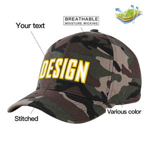 Custom Camo White-Gold Curved Eaves Sport Design Baseball Cap