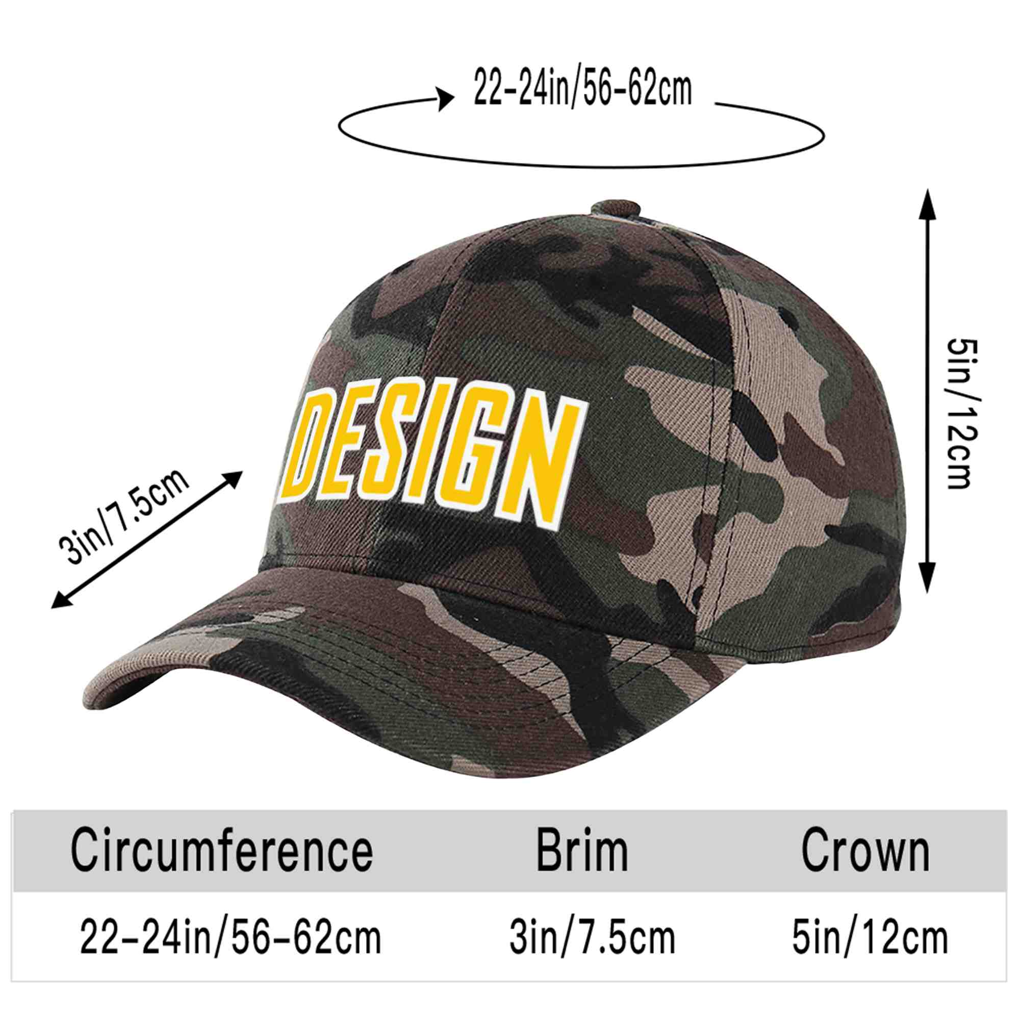 Custom Camo Gold-White Curved Eaves Sport Design Baseball Cap