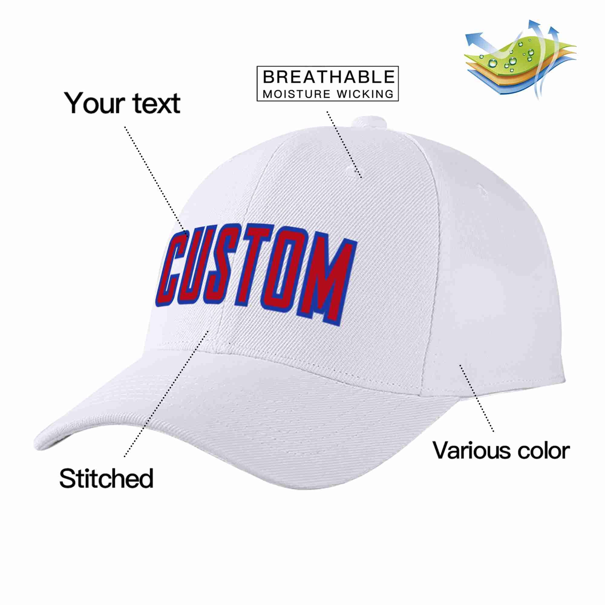 Custom White Red-Royal Curved Eaves Sport Baseball Cap Design for Men/Women/Youth