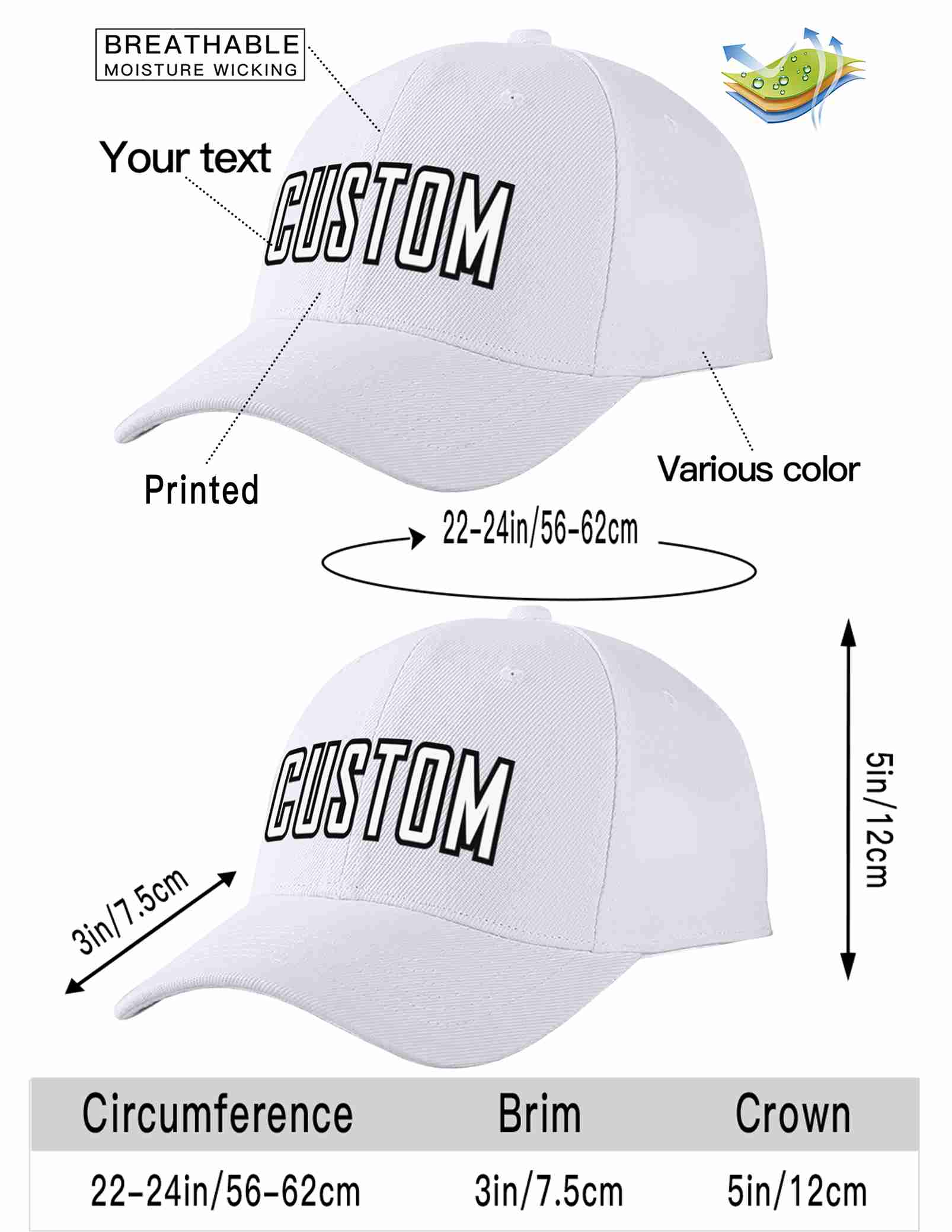 Custom White White-Black Curved Eaves Sport Baseball Cap Design for Men/Women/Youth