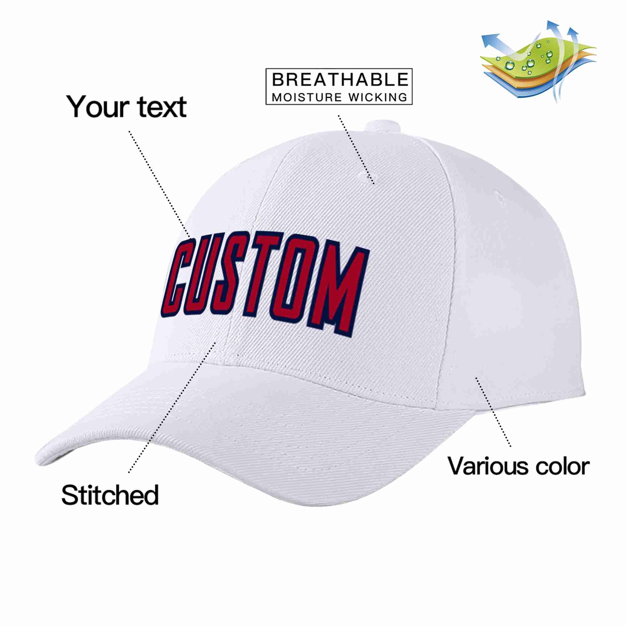 Conception personnalisée de casquette de baseball de sport incurvée blanc rouge-marine pour hommes/femmes/jeunes