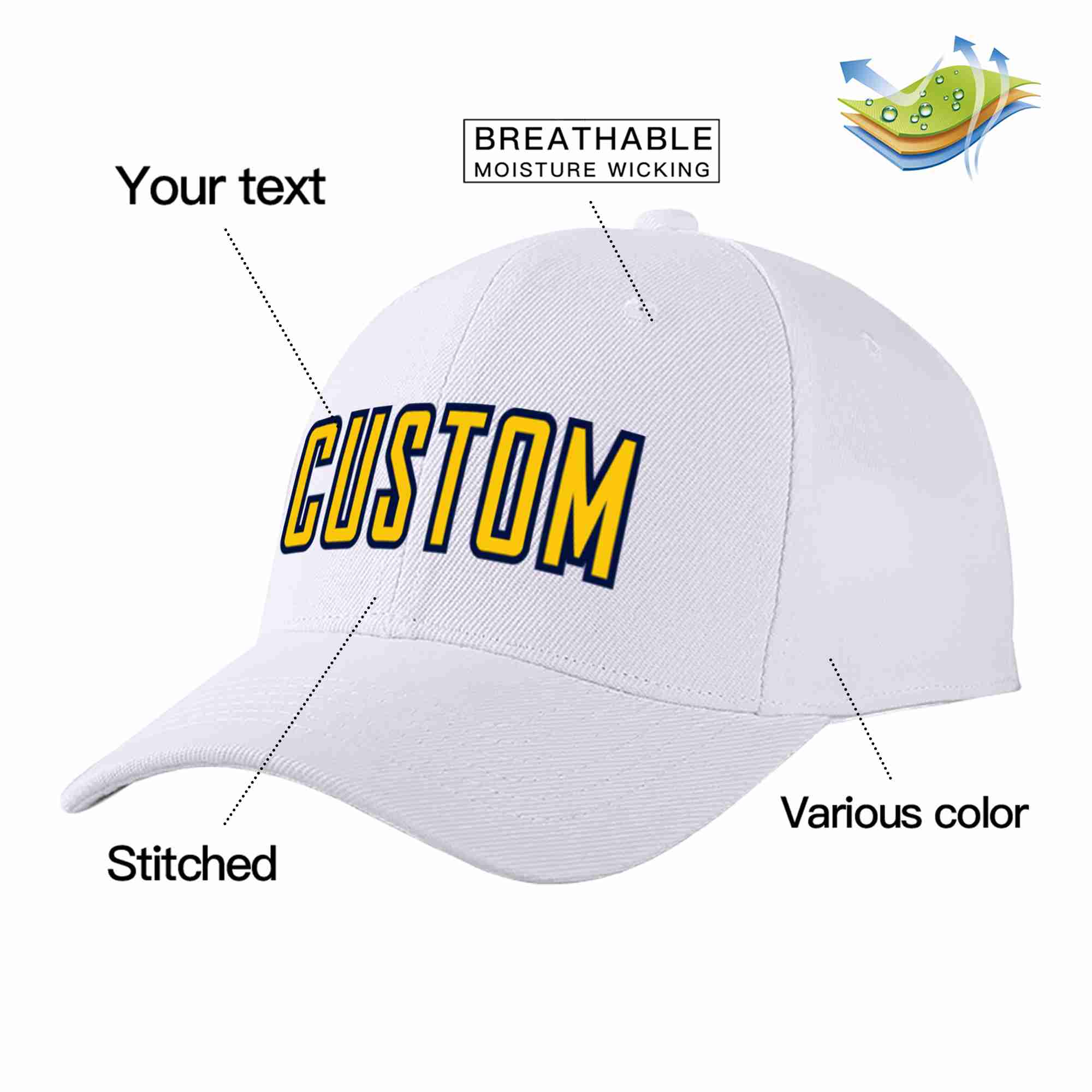 Conception personnalisée de casquette de baseball de sport incurvée blanc jaune-marine pour hommes/femmes/jeunes