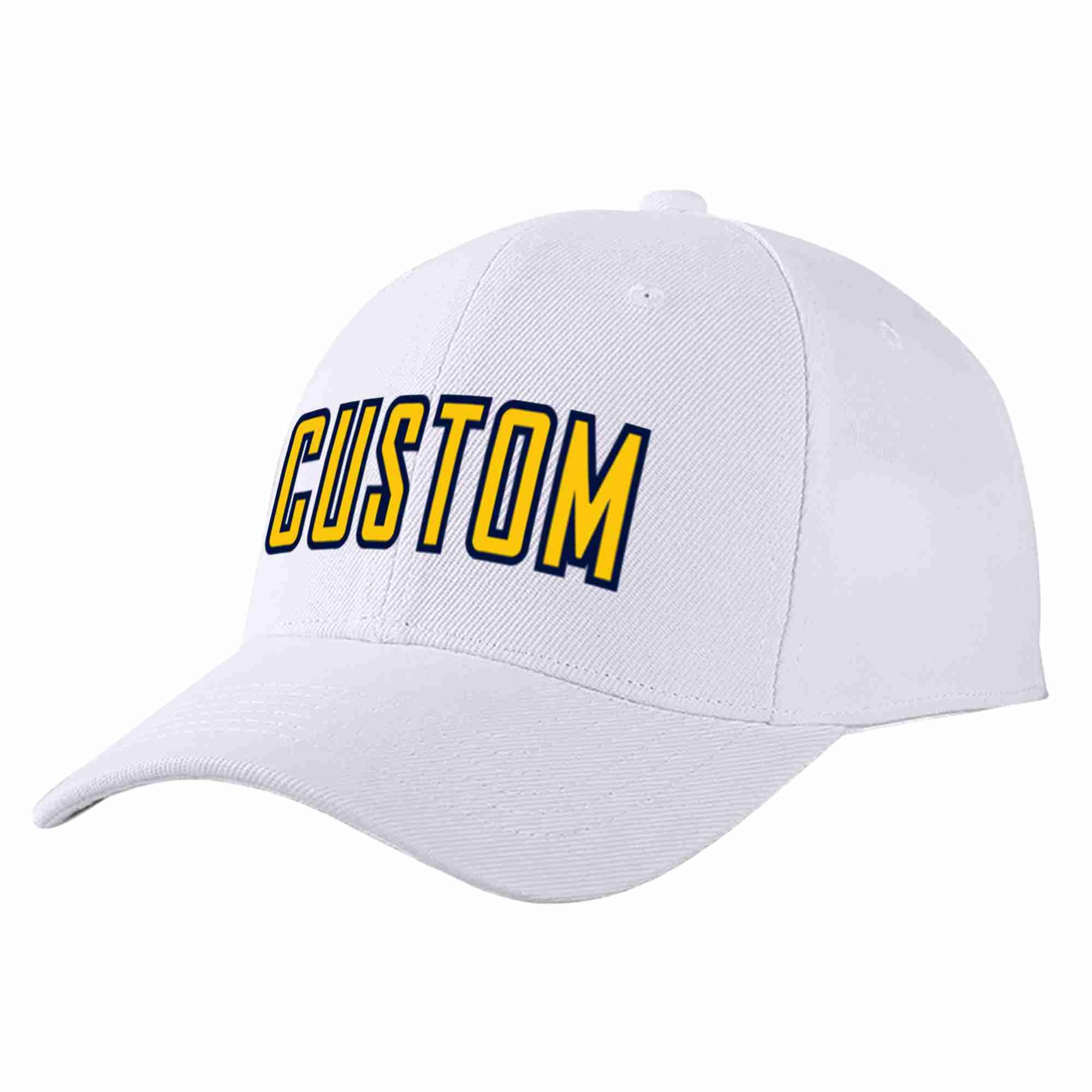 Custom White Yellow-Navy Curved Eaves Sport Baseball Cap Design for Men/Women/Youth