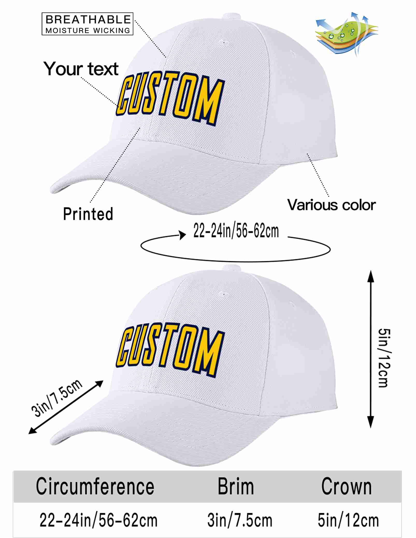 Custom White Yellow-Navy Curved Eaves Sport Baseball Cap Design for Men/Women/Youth