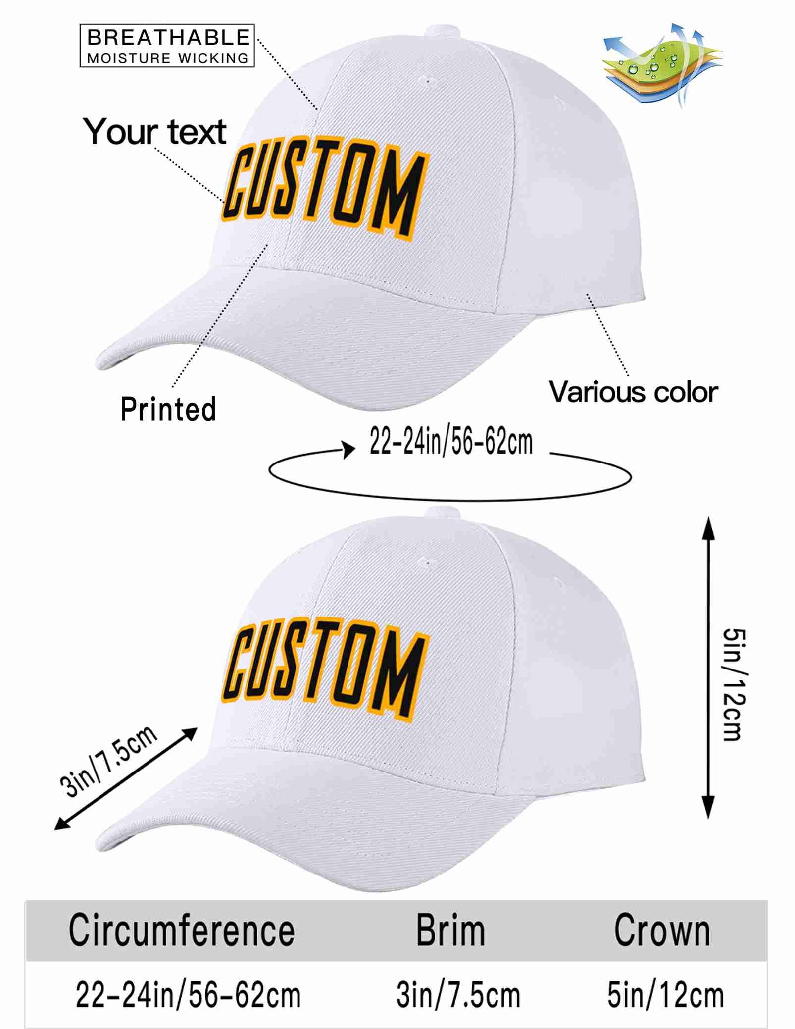 Custom White Black-Yellow Curved Eaves Sport Baseball Cap Design for Men/Women/Youth