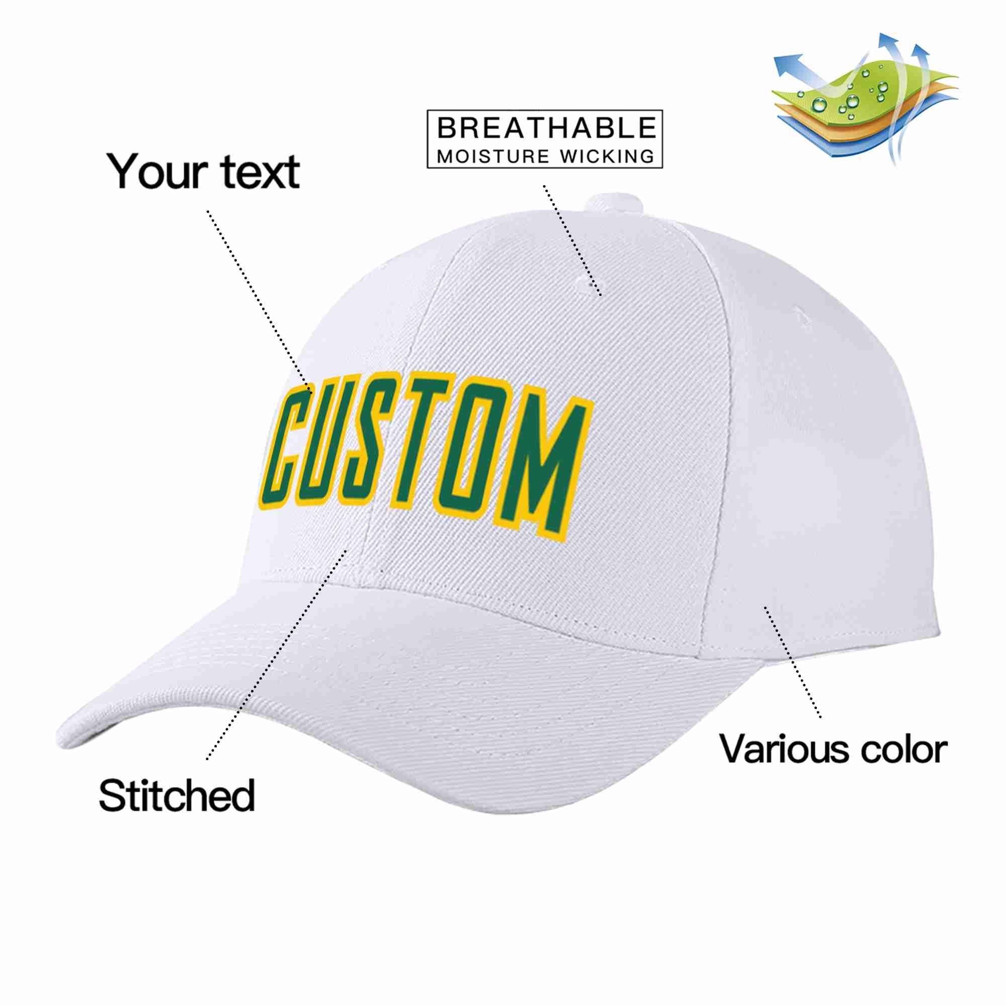 Custom White Kelly Green-Yellow Curved Eaves Sport Baseball Cap Design for Men/Women/Youth