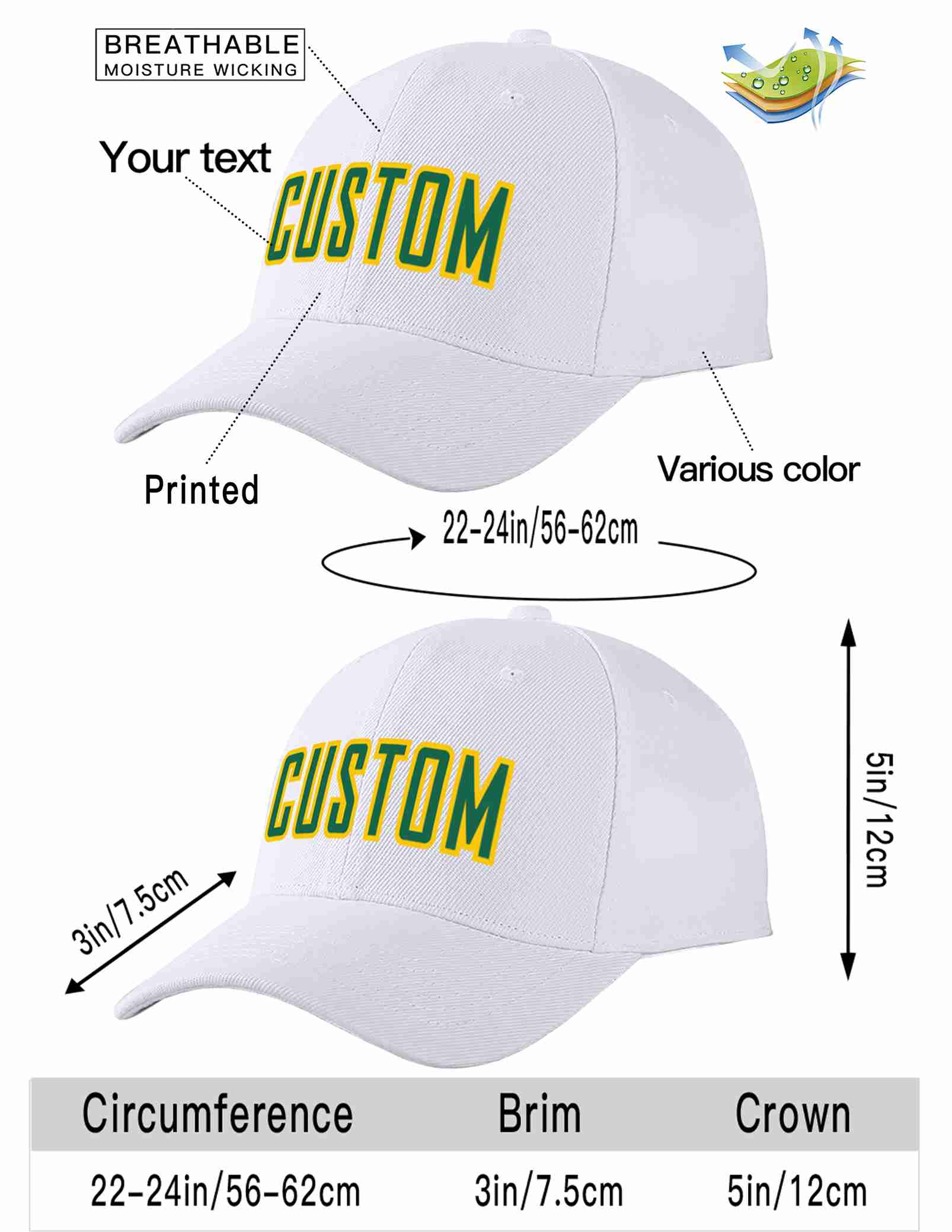 Custom White Kelly Green-Yellow Curved Eaves Sport Baseball Cap Design for Men/Women/Youth