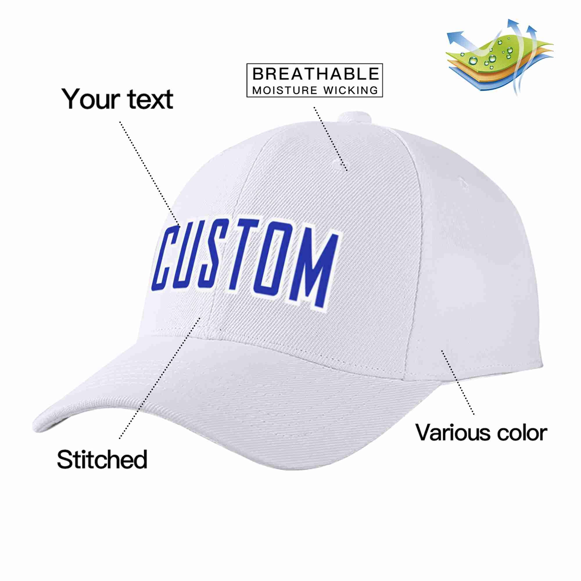 Custom White Royal-White Curved Eaves Sport Baseball Cap Design for Men/Women/Youth