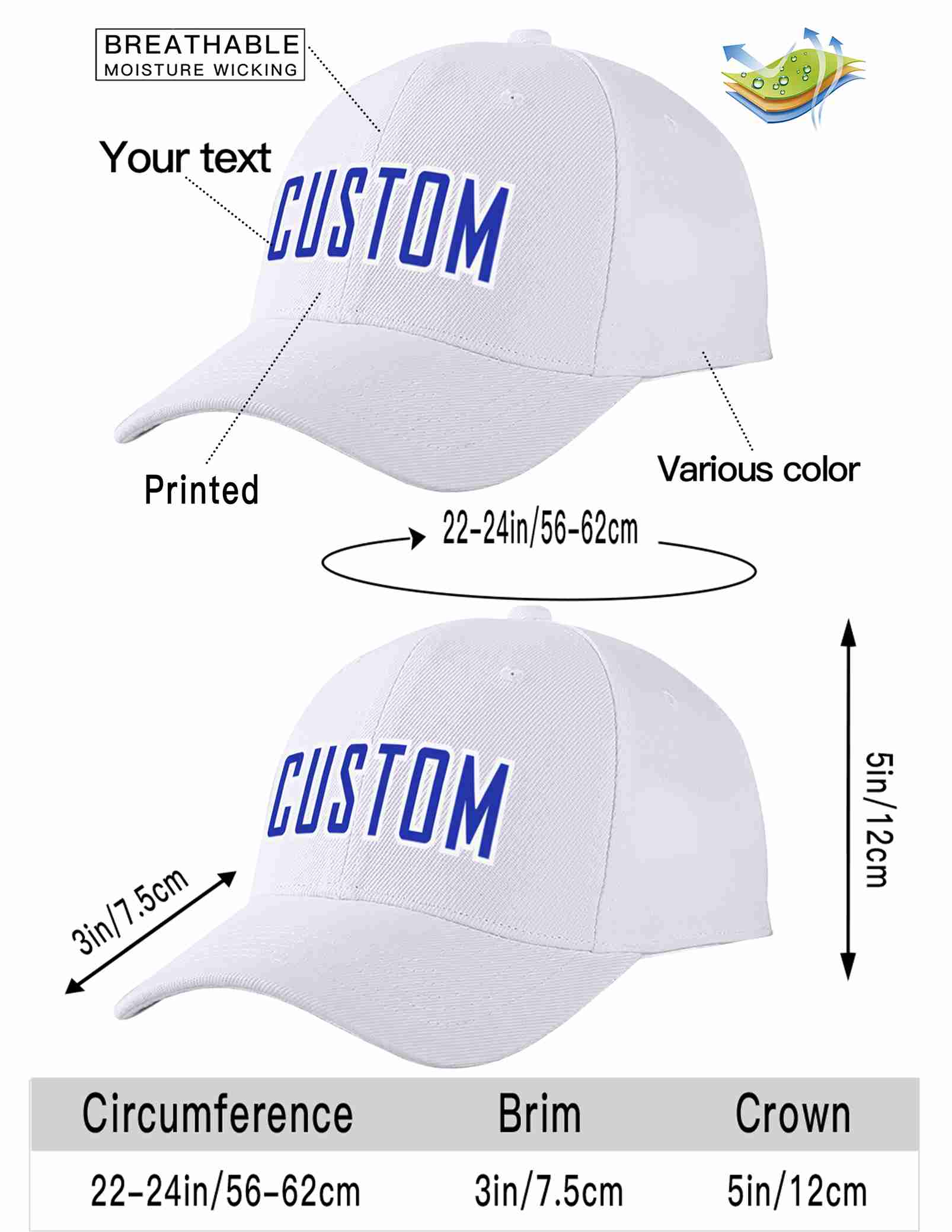 Custom White Royal-White Curved Eaves Sport Baseball Cap Design for Men/Women/Youth