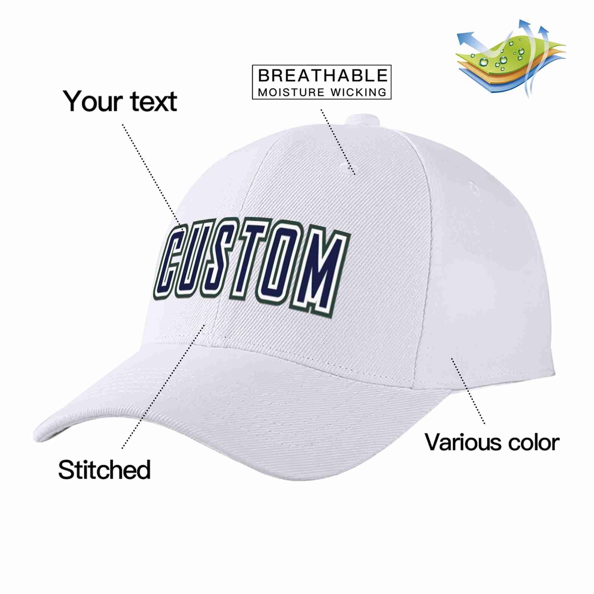 Custom White Navy-White Curved Eaves Sport Baseball Cap Design for Men/Women/Youth