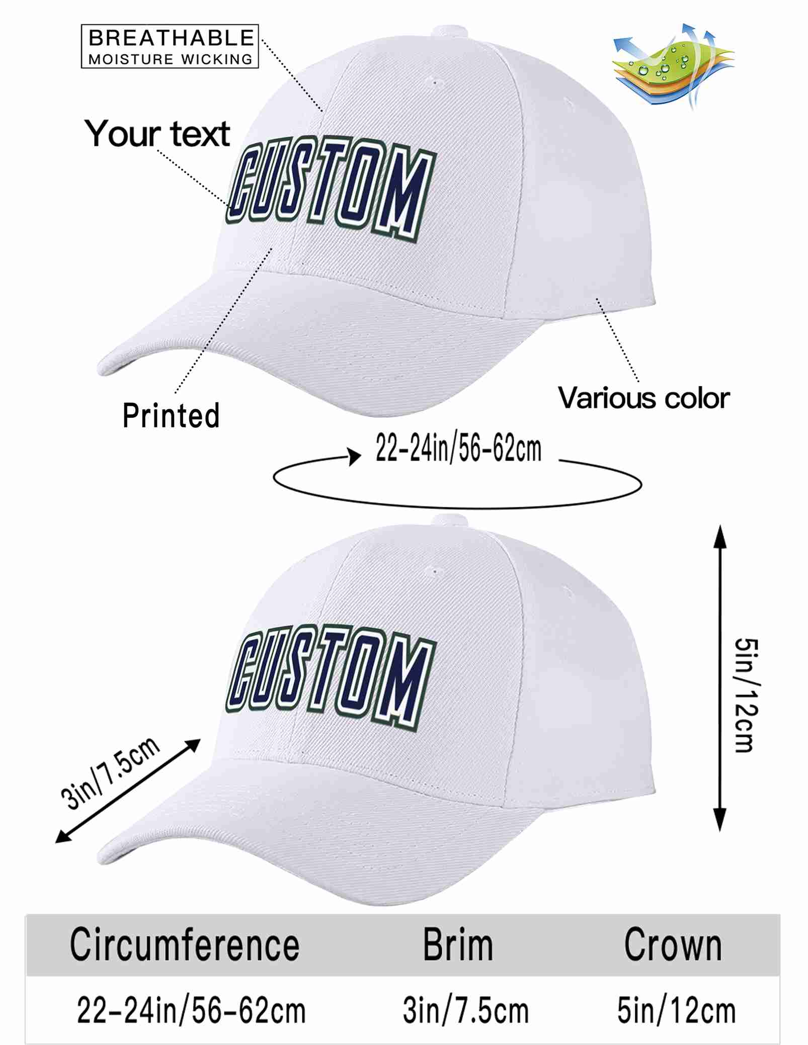 Custom White Navy-White Curved Eaves Sport Baseball Cap Design for Men/Women/Youth