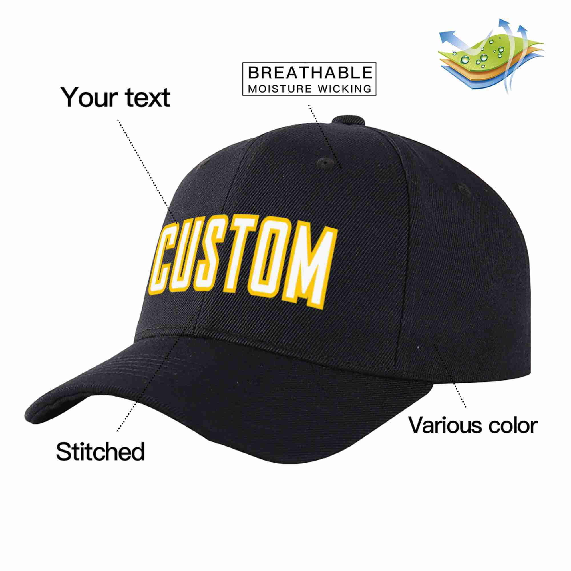 Custom Black White-Gold Curved Eaves Sport Baseball Cap Design for Men/Women/Youth