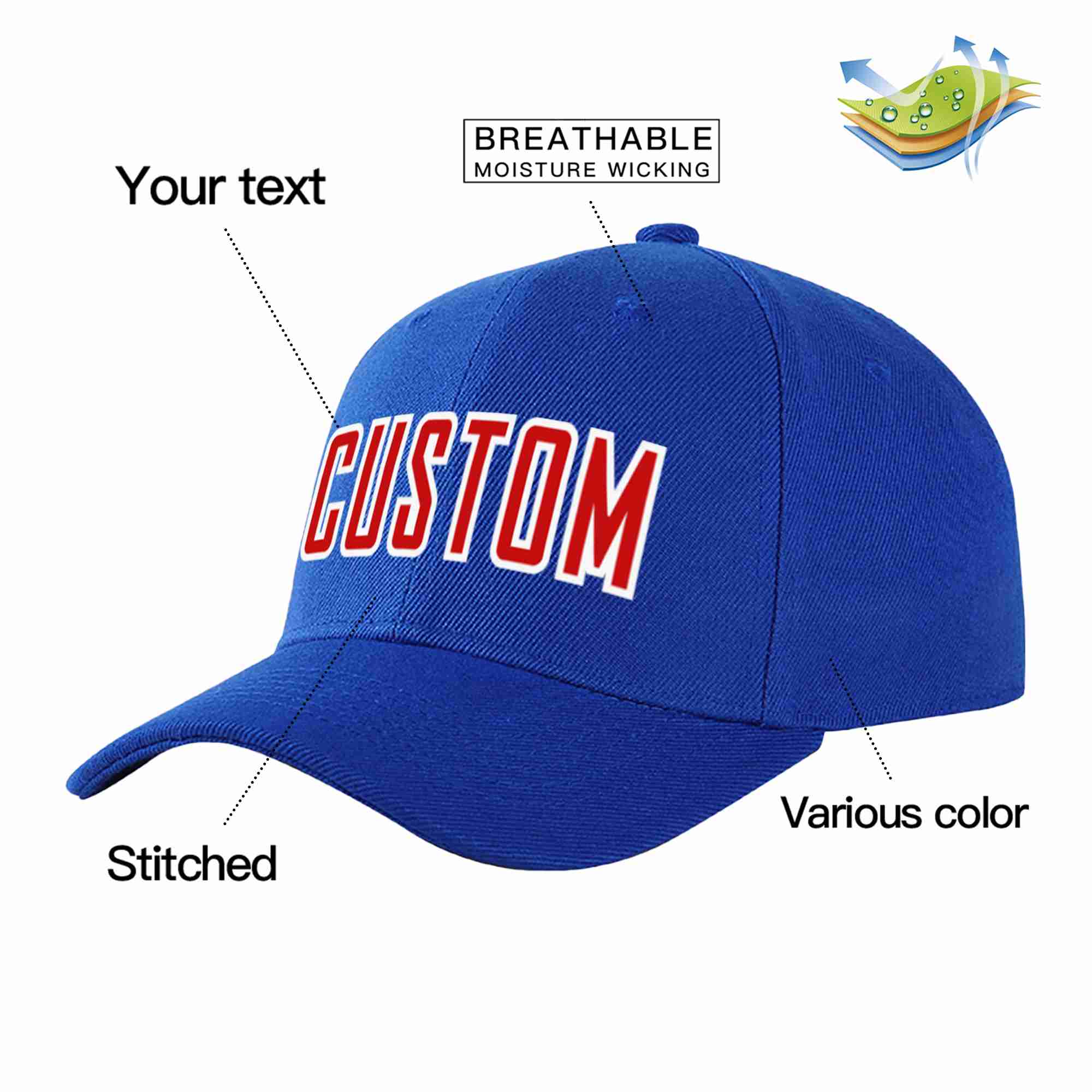 Conception personnalisée de casquette de baseball de sport incurvée rouge-blanc royal pour hommes/femmes/jeunes