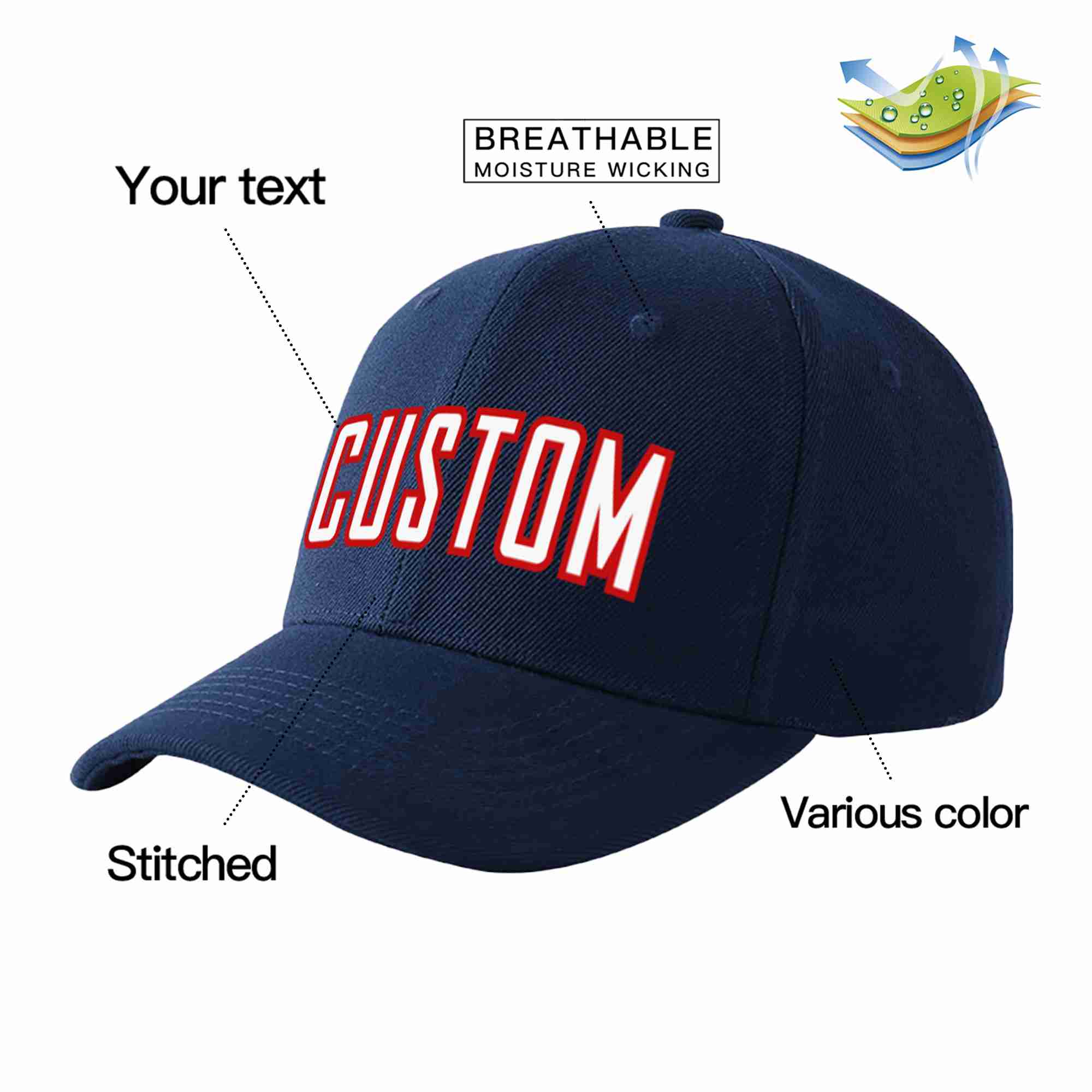 Conception personnalisée de casquette de baseball de sport incurvée blanc-rouge marine pour hommes/femmes/jeunes