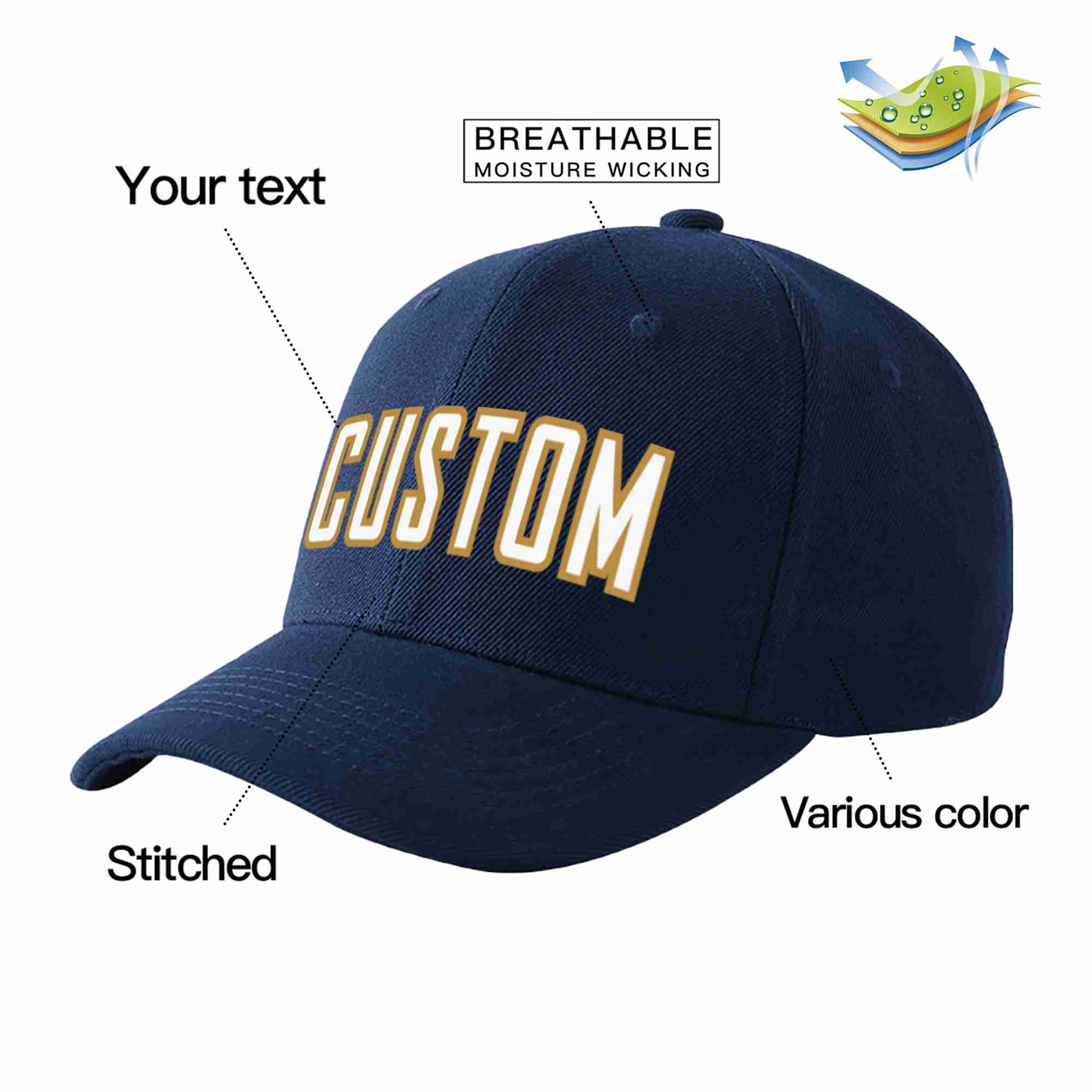 Conception personnalisée de casquette de baseball de sport incurvée blanc-vieil or pour hommes/femmes/jeunes