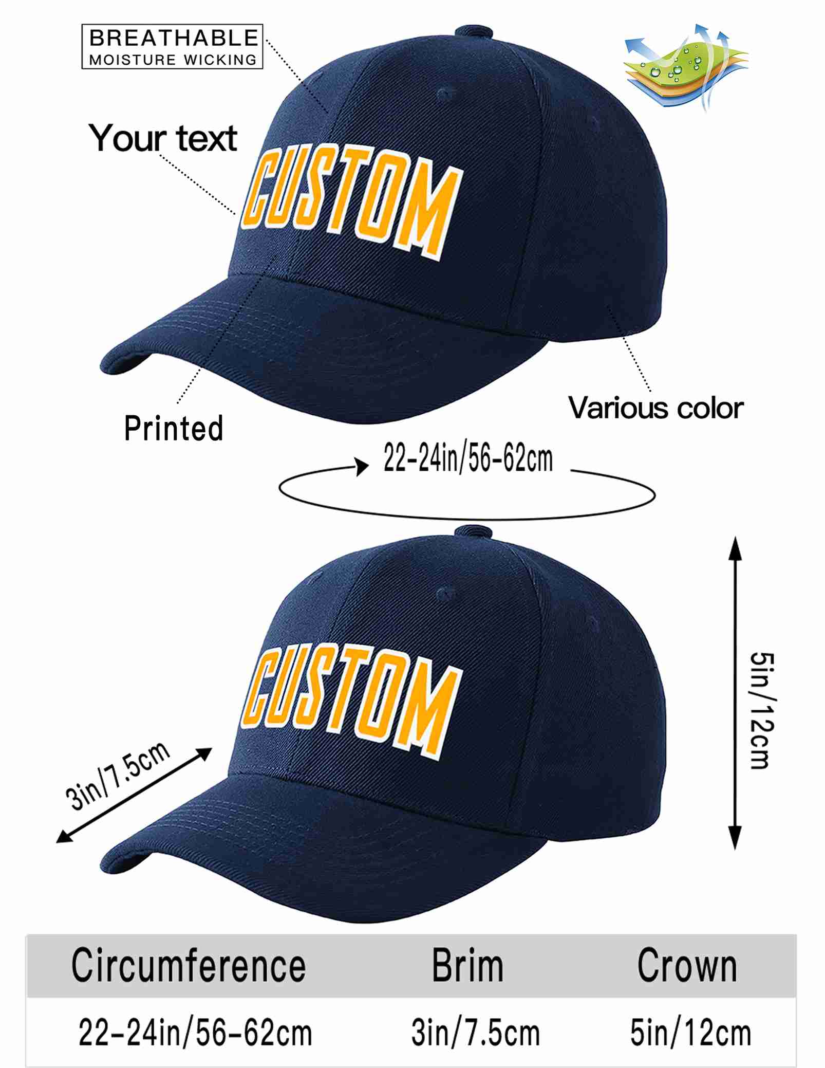 Custom Navy Yellow-White Curved Eaves Sport Baseball Cap Design for Men/Women/Youth