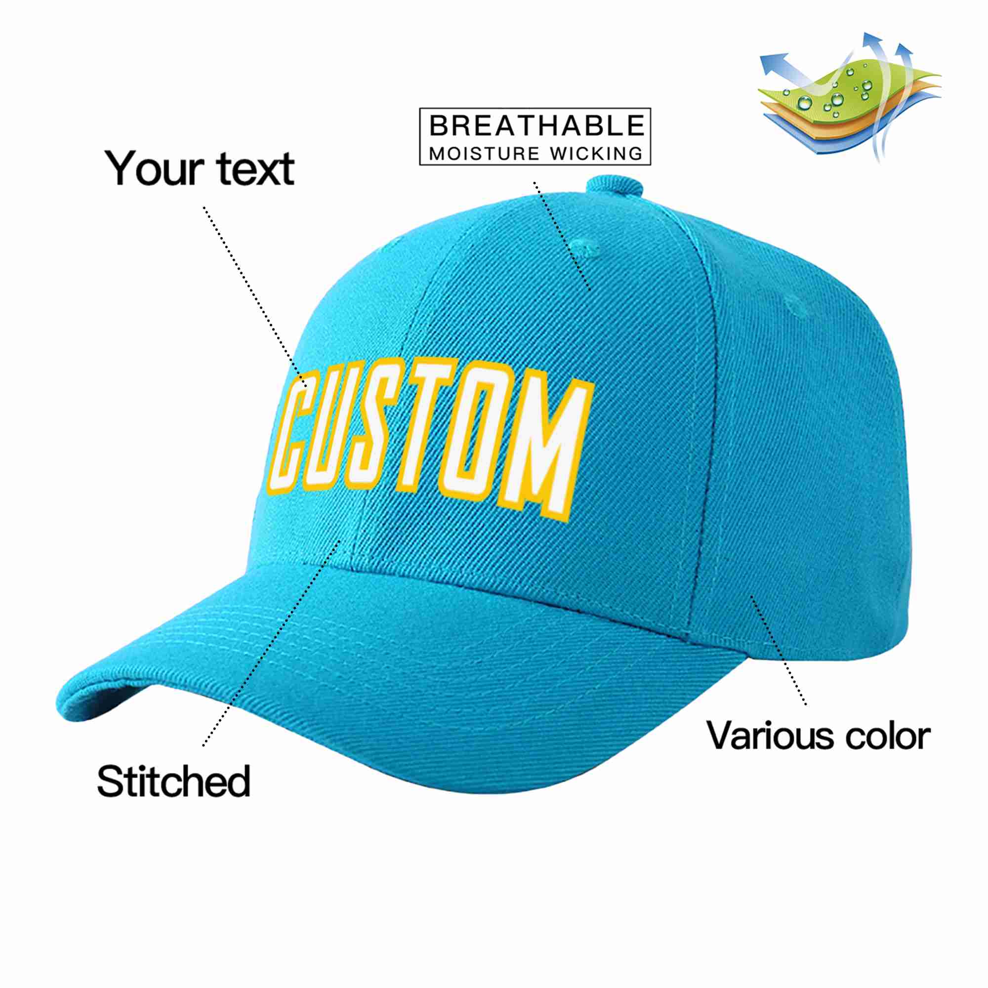 Custom Aqua White-Gold Curved Eaves Sport Baseball Cap Design for Men/Women/Youth