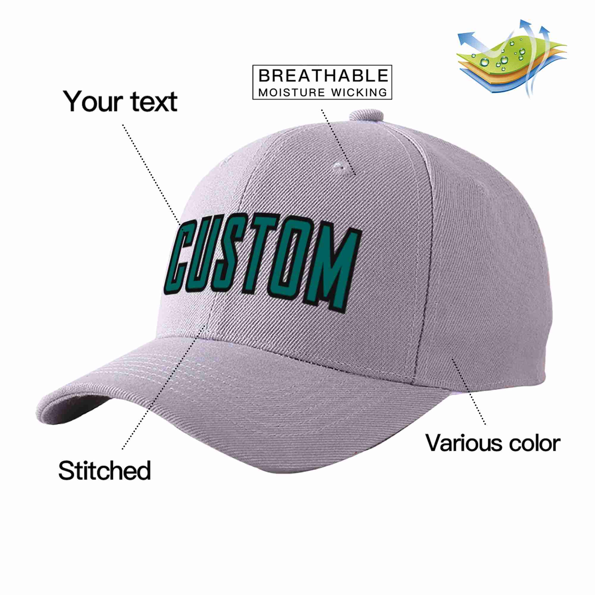 Conception personnalisée de casquette de baseball de sport incurvée gris aqua-noir pour hommes/femmes/jeunes