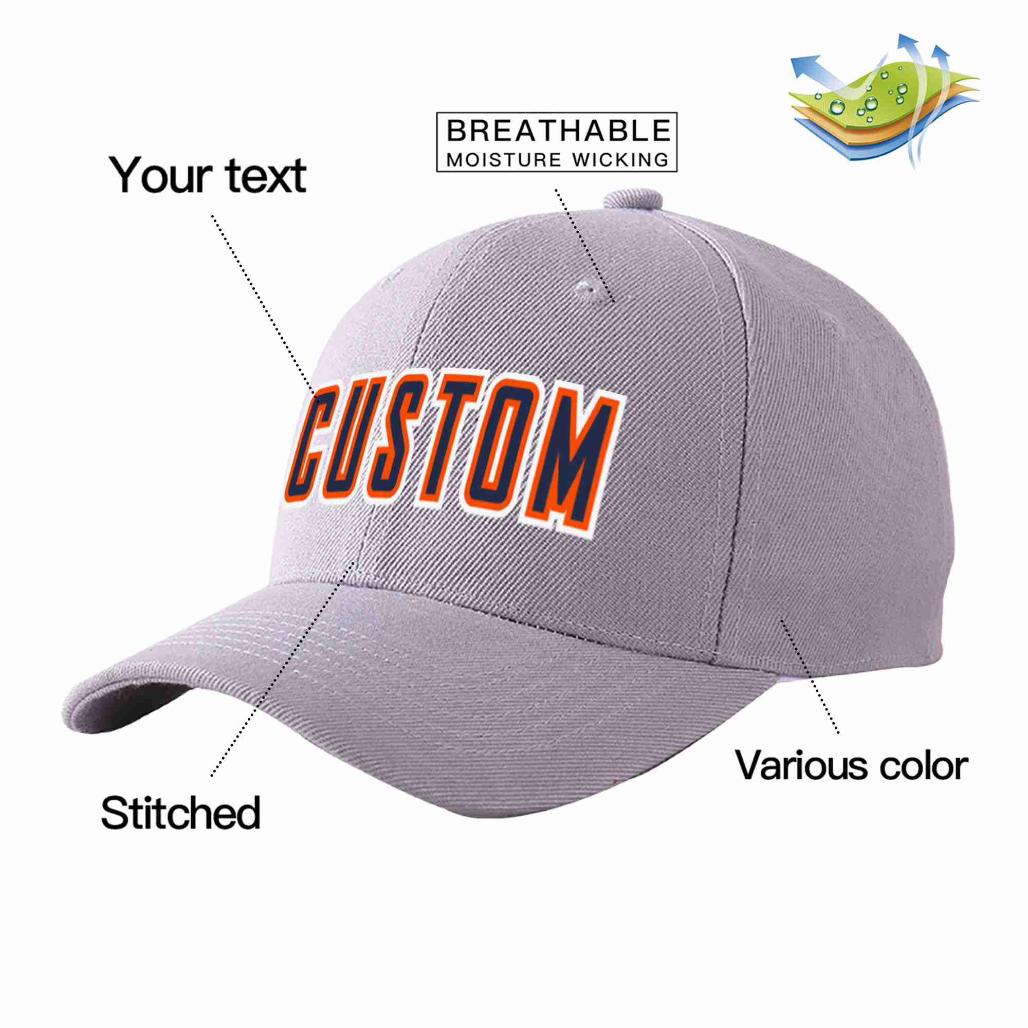 Conception personnalisée de casquette de baseball de sport incurvée gris marine-orange pour hommes/femmes/jeunes