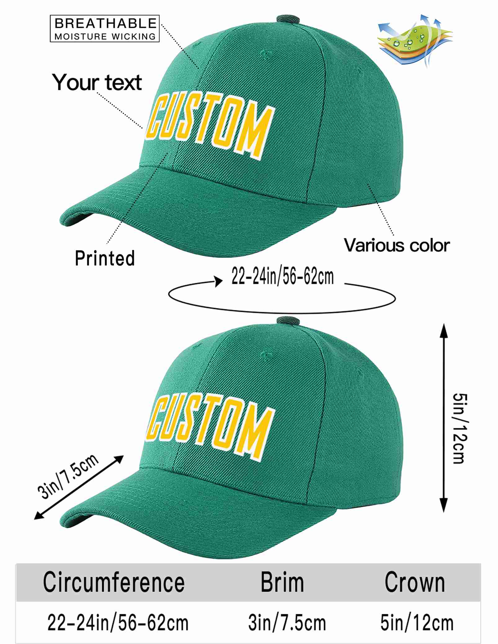 Custom Light Green Gold-White Curved Eaves Sport Baseball Cap Design for Men/Women/Youth