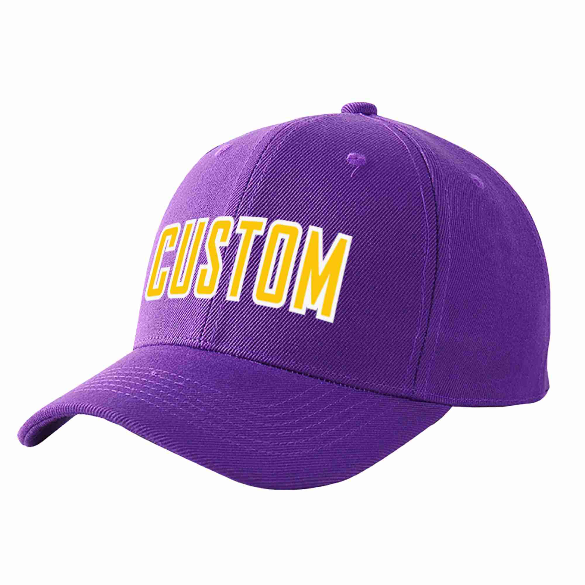 Conception personnalisée de casquette de baseball de sport incurvée Eaves violet or-blanc pour hommes/femmes/jeunes