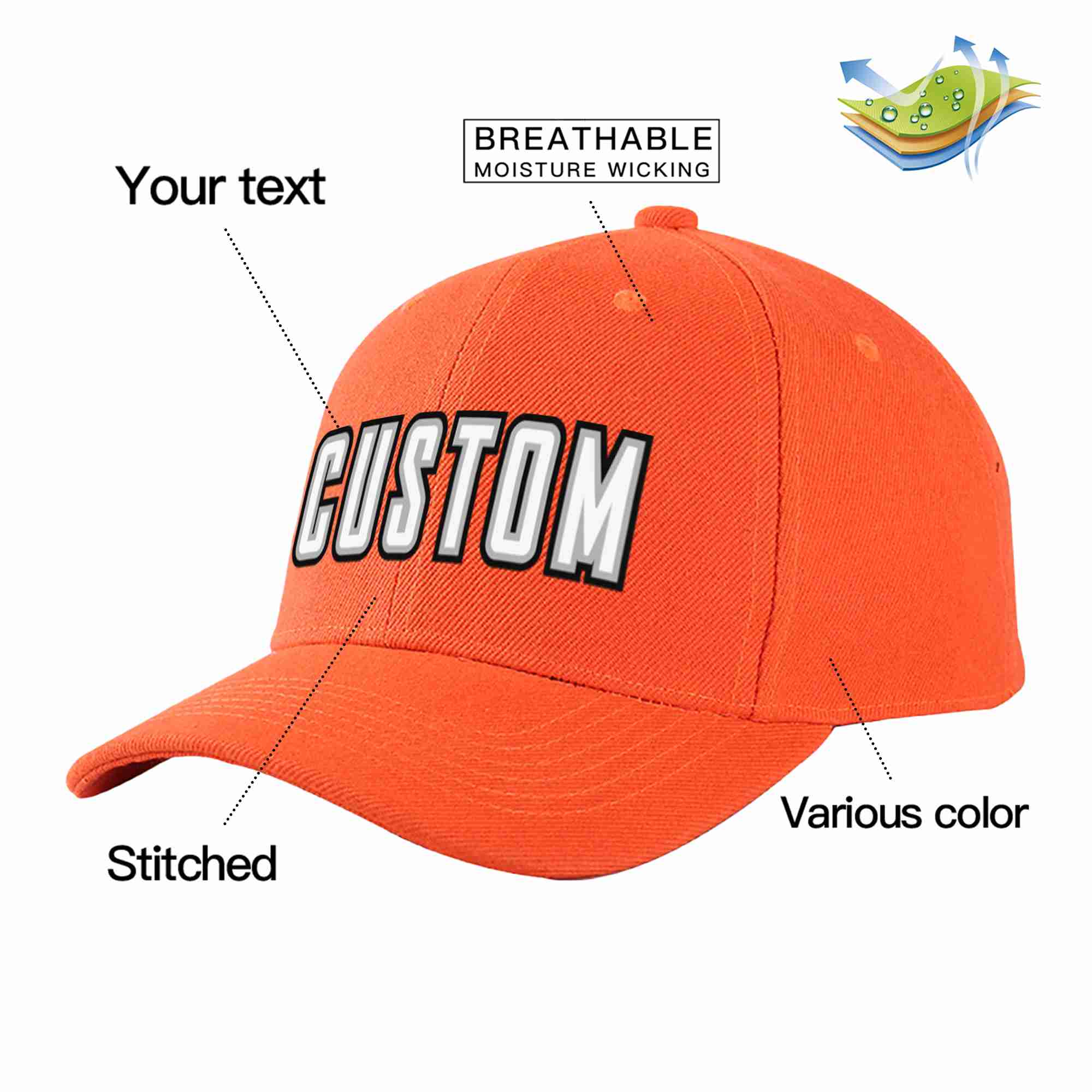 Conception personnalisée de casquette de baseball de sport incurvée blanc-gris mandarine pour hommes/femmes/jeunes