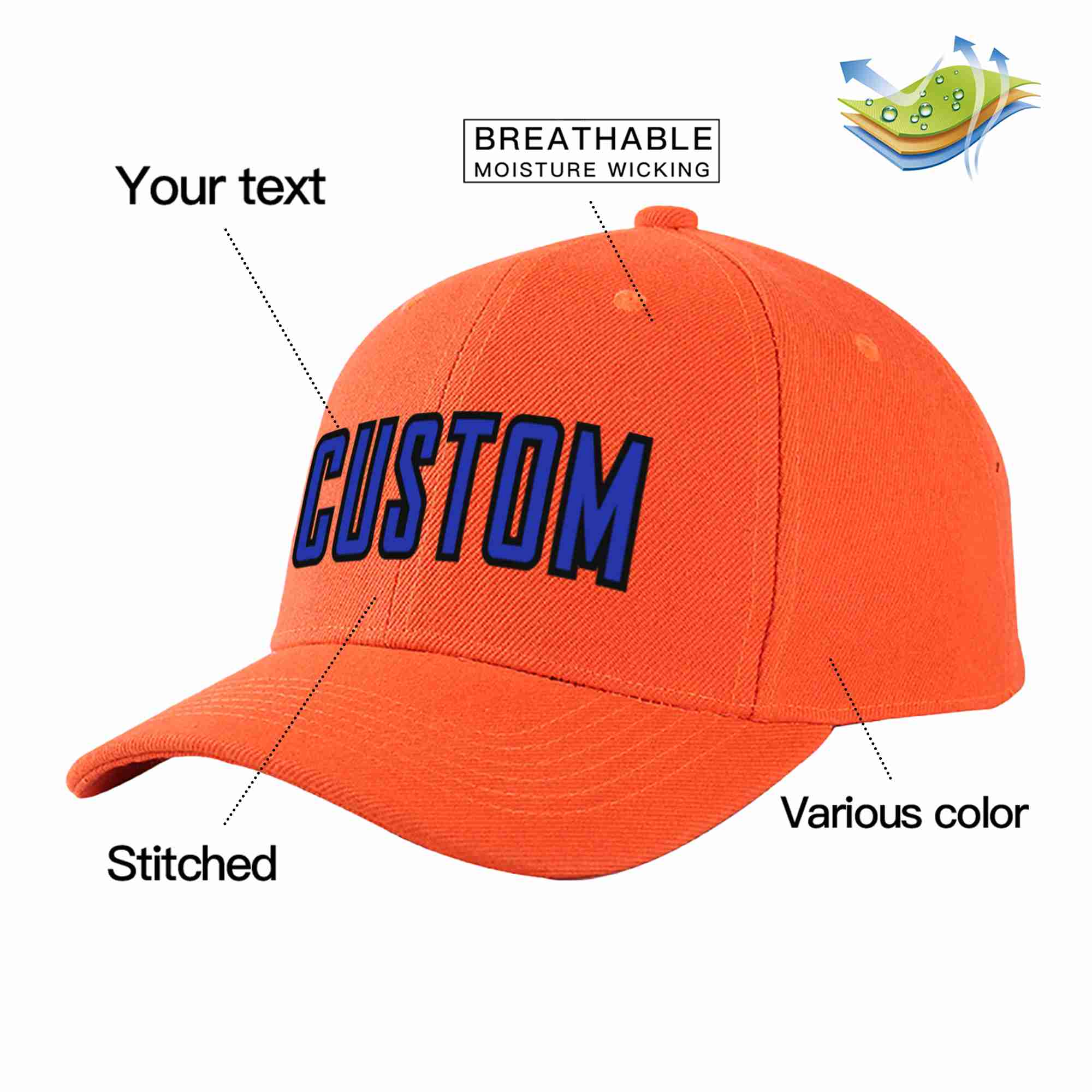 Casquette de baseball personnalisée Tangerine Royal-Black Curved Eaves Sport pour hommes/femmes/jeunes