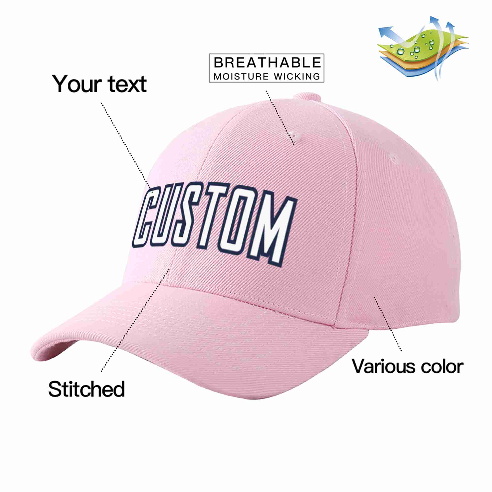 Conception personnalisée de casquette de baseball de sport incurvée rose blanc-marine pour hommes/femmes/jeunes