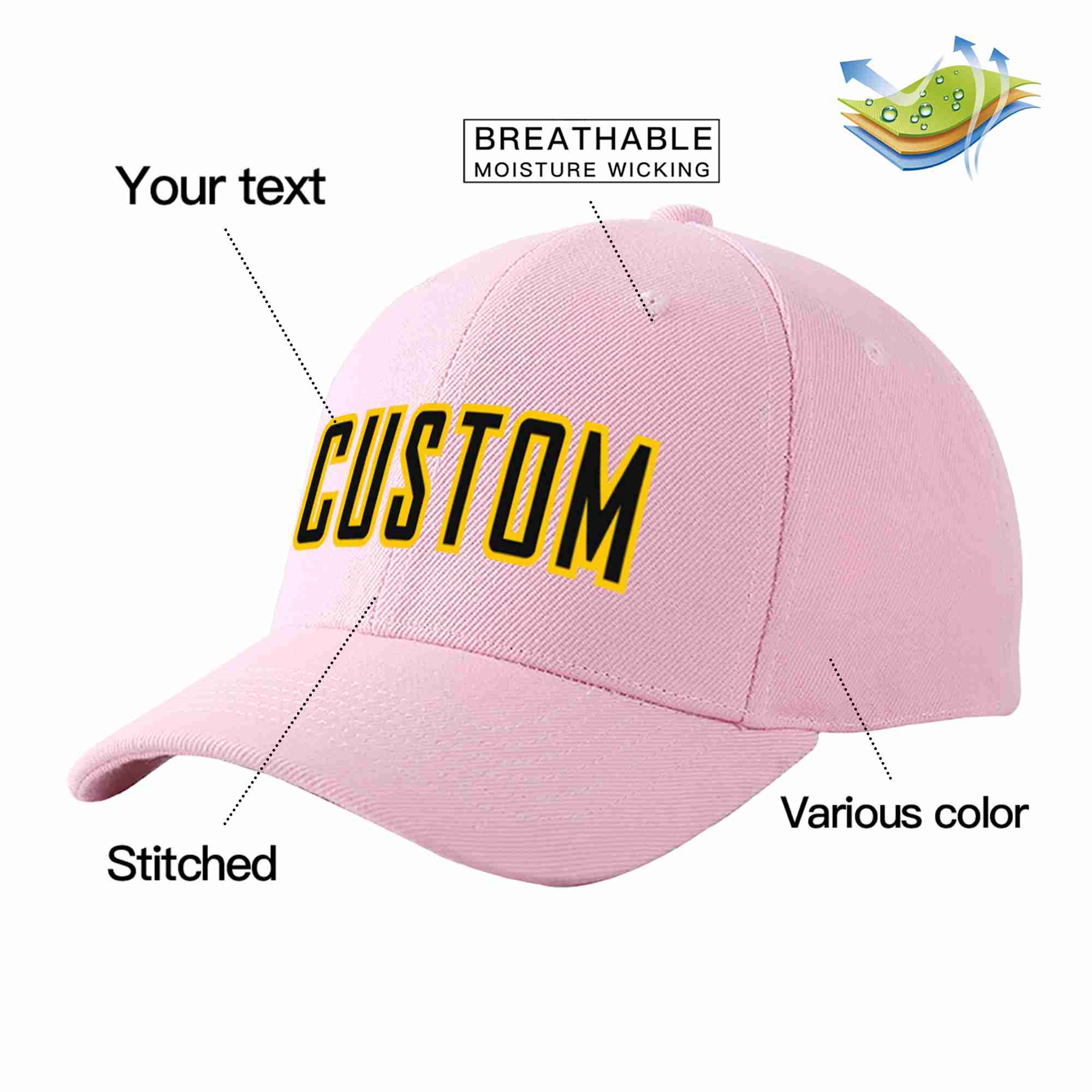 Conception personnalisée de casquette de baseball de sport incurvée rose noir-or pour hommes/femmes/jeunes