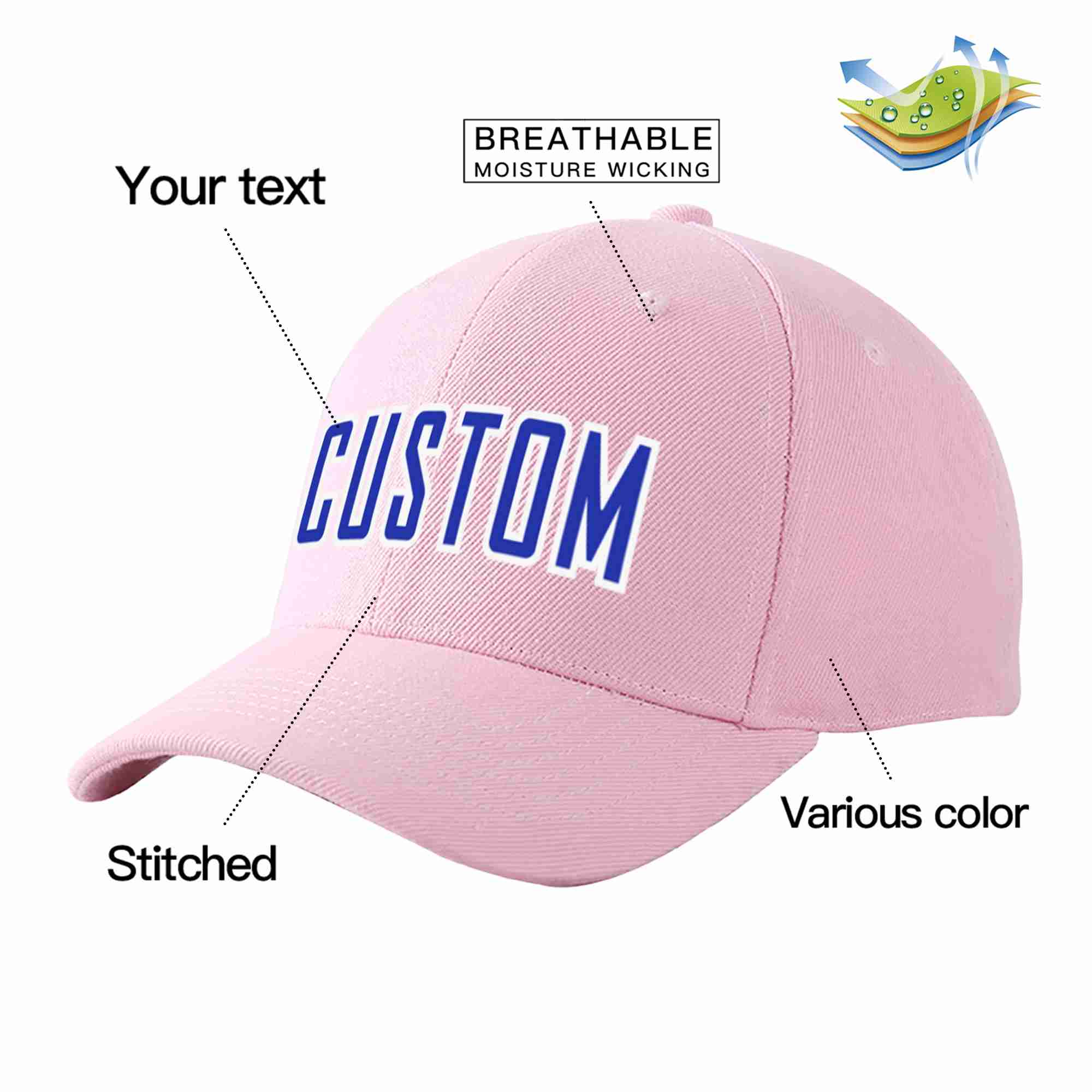 Conception personnalisée de casquette de baseball de sport incurvée rose royal-blanc pour hommes/femmes/jeunes