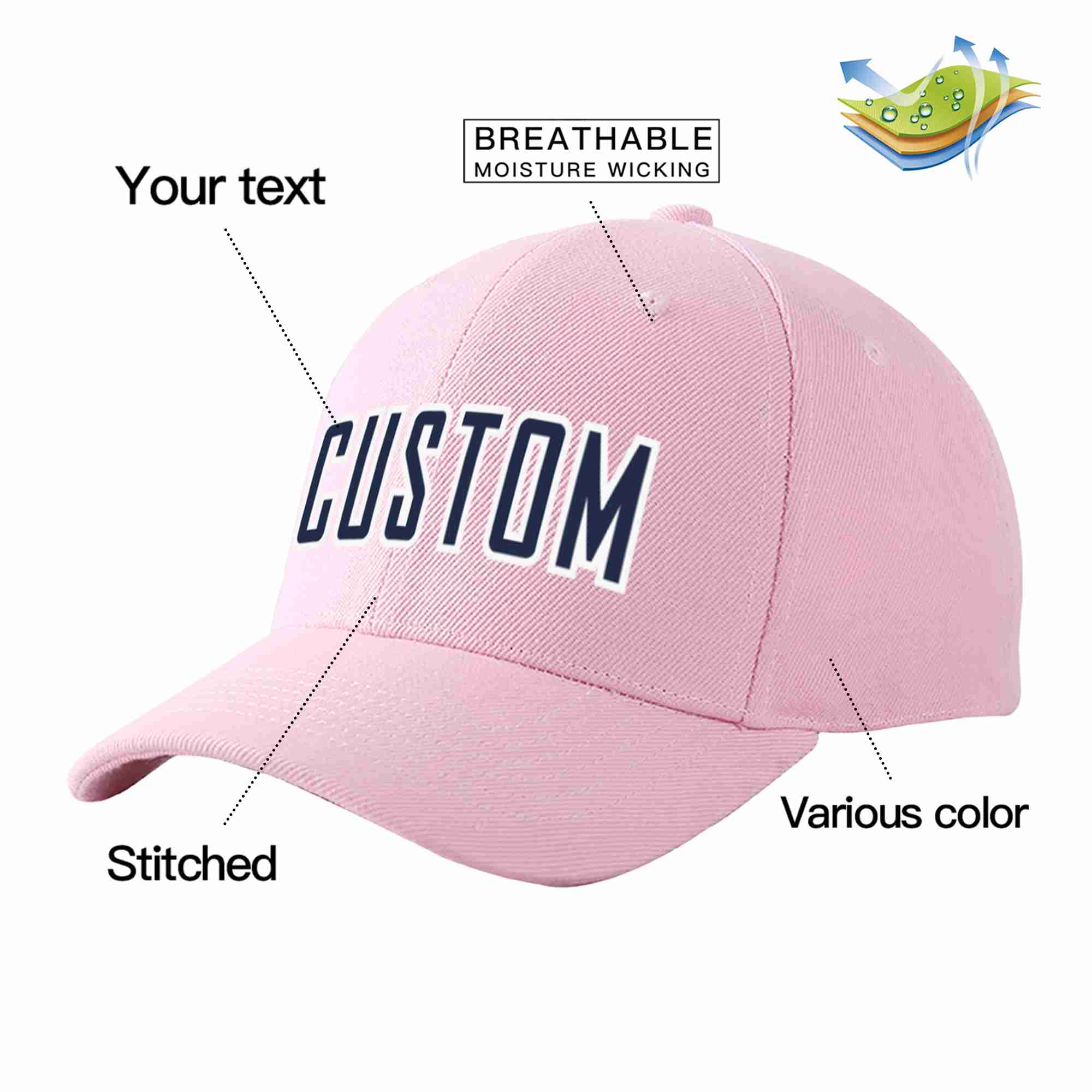 Conception personnalisée de casquette de baseball de sport incurvée rose marine-blanc pour hommes/femmes/jeunes