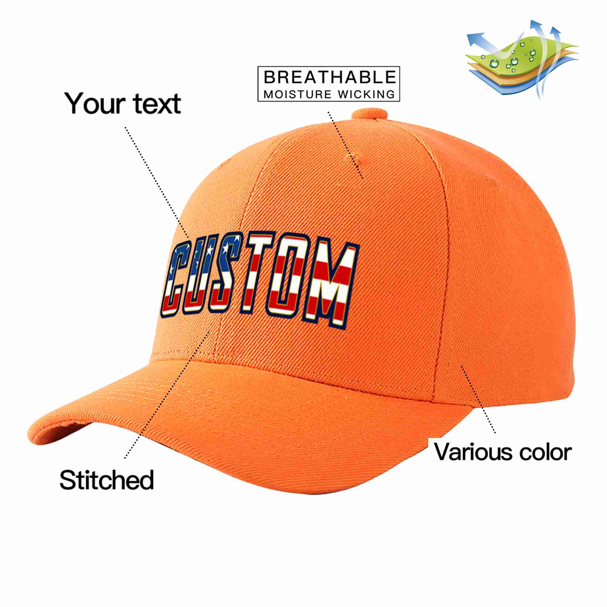 Custom Orange Vintage USA Flag-Gold Curved Eaves Sport Baseball Cap Design for Men/Women/Youth