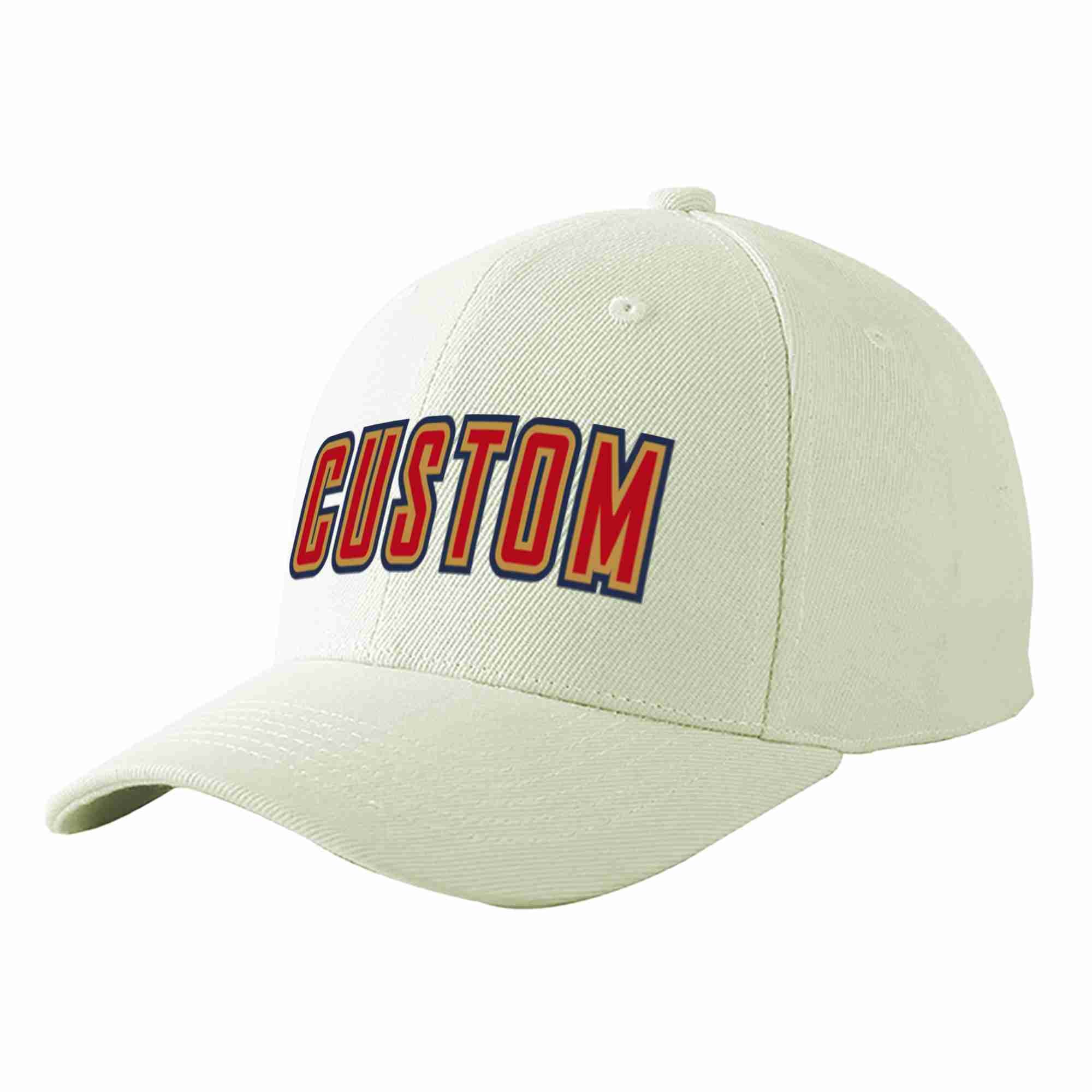 Conception personnalisée de casquette de baseball de sport à avant-toit incurvé rouge-vieil or crème pour hommes/femmes/jeunes