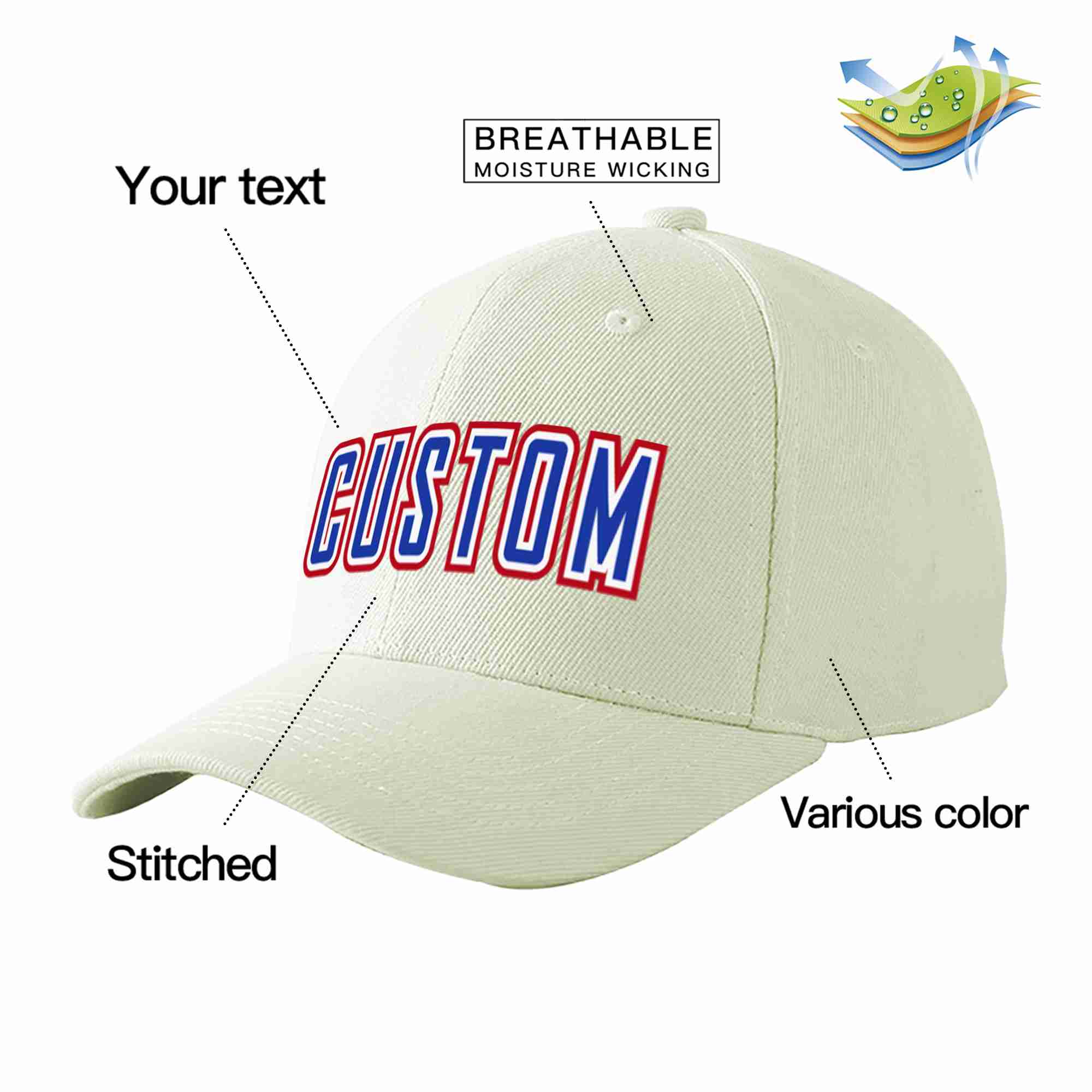 Conception personnalisée de casquette de baseball de sport incurvée blanc royal-blanc crème pour hommes/femmes/jeunes