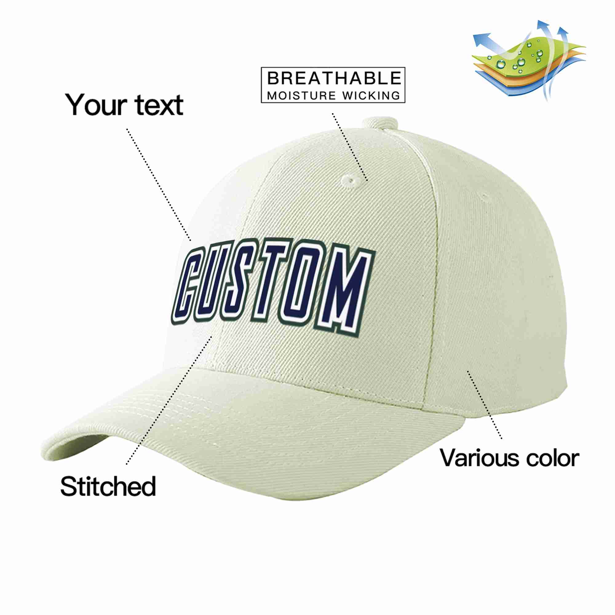 Casquette de baseball de sport incurvée, crème, bleu marine et blanc, personnalisée, pour hommes/femmes/jeunes