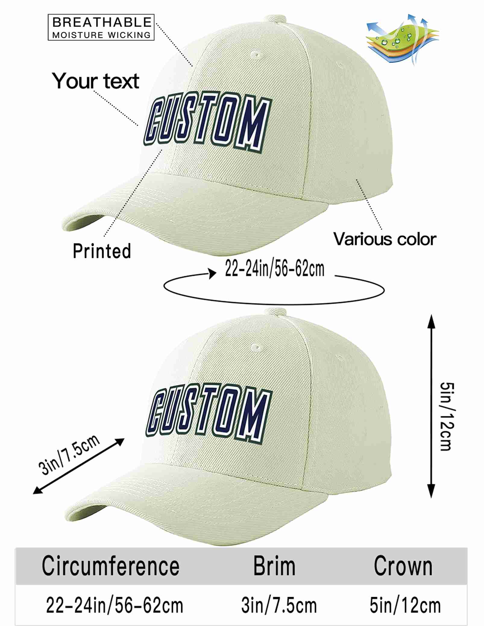 Custom Cream Navy-White Curved Eaves Sport Baseball Cap Design for Men/Women/Youth