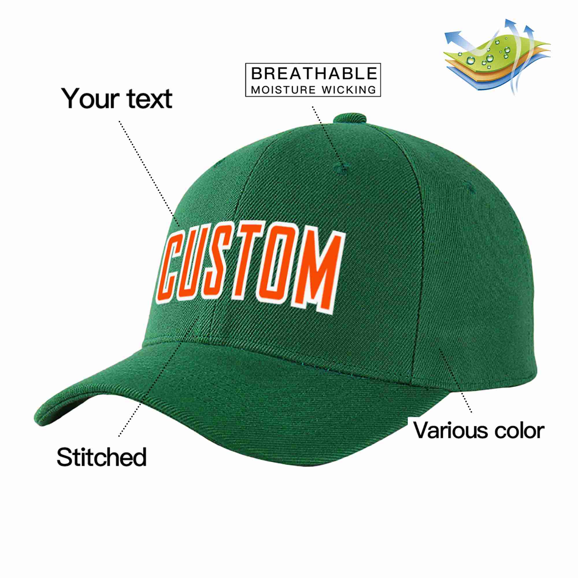 Custom Green Orange-White Curved Eaves Sport Baseball Cap Design for Men/Women/Youth