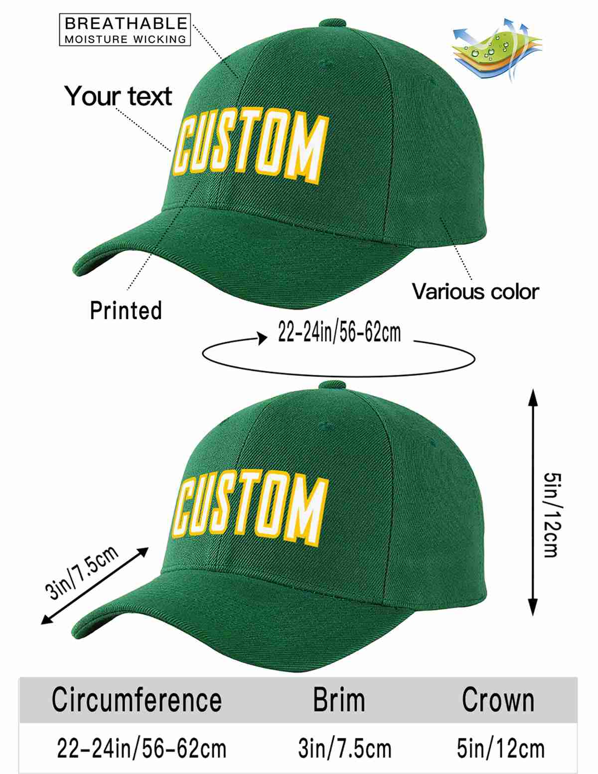 Custom Green White-Gold Curved Eaves Sport Baseball Cap Design for Men/Women/Youth