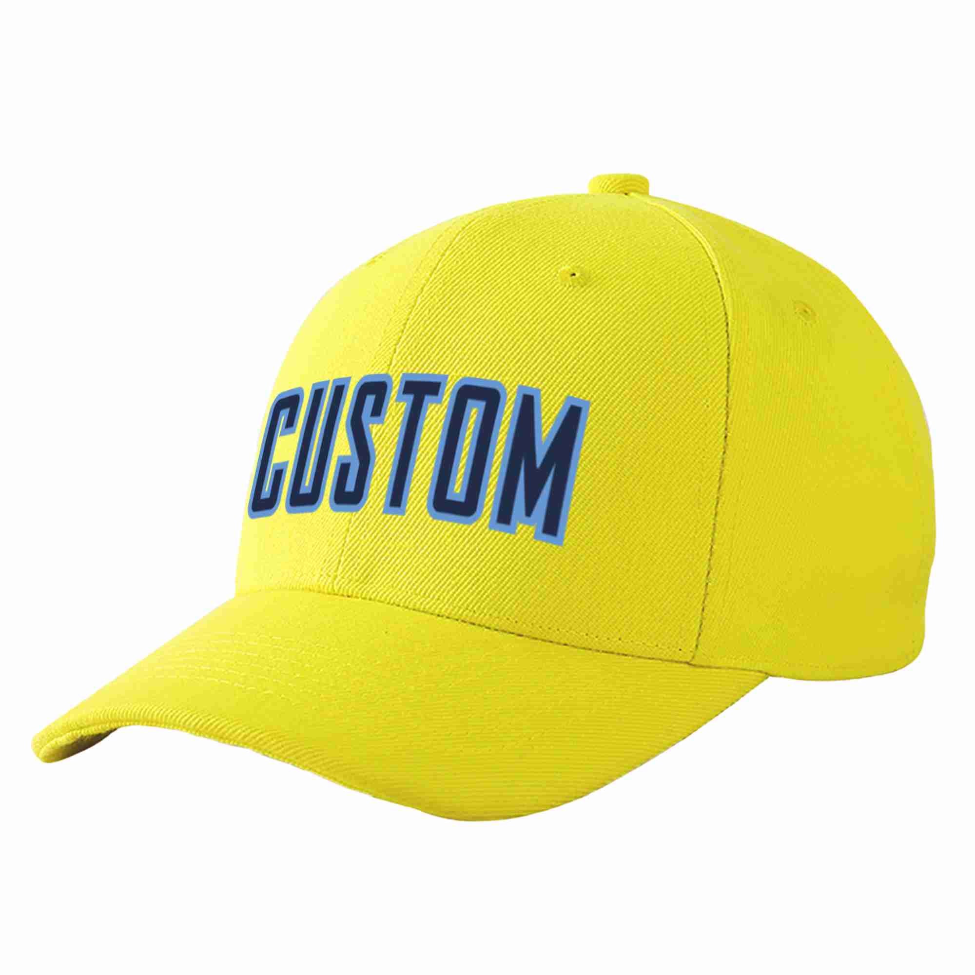 Custom Yellow Navy-Light Blue Curved Eaves Sport Baseball Cap Design for Men/Women/Youth