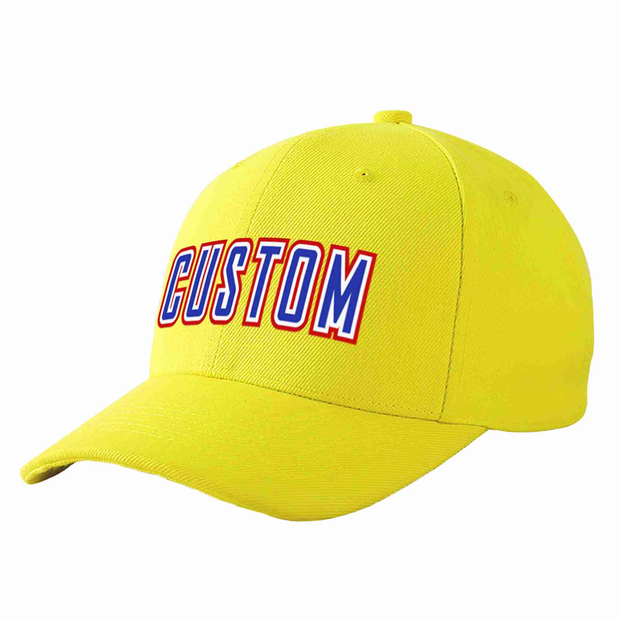 Conception personnalisée de casquette de baseball de sport incurvée jaune royal-blanc pour hommes/femmes/jeunes