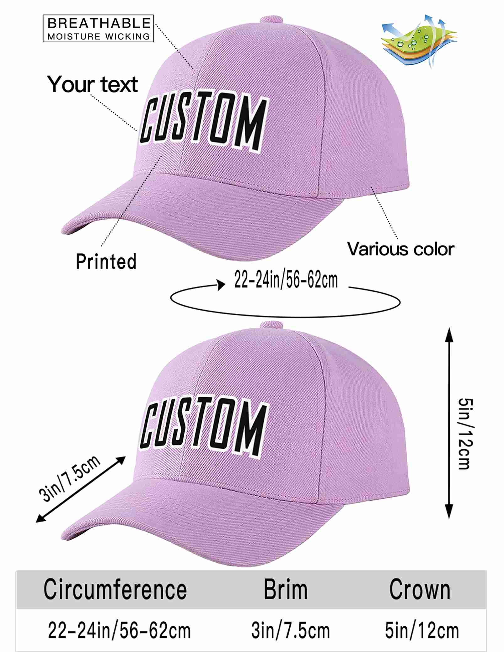 Custom Light Purple Black-White Curved Eaves Sport Baseball Cap Design for Men/Women/Youth